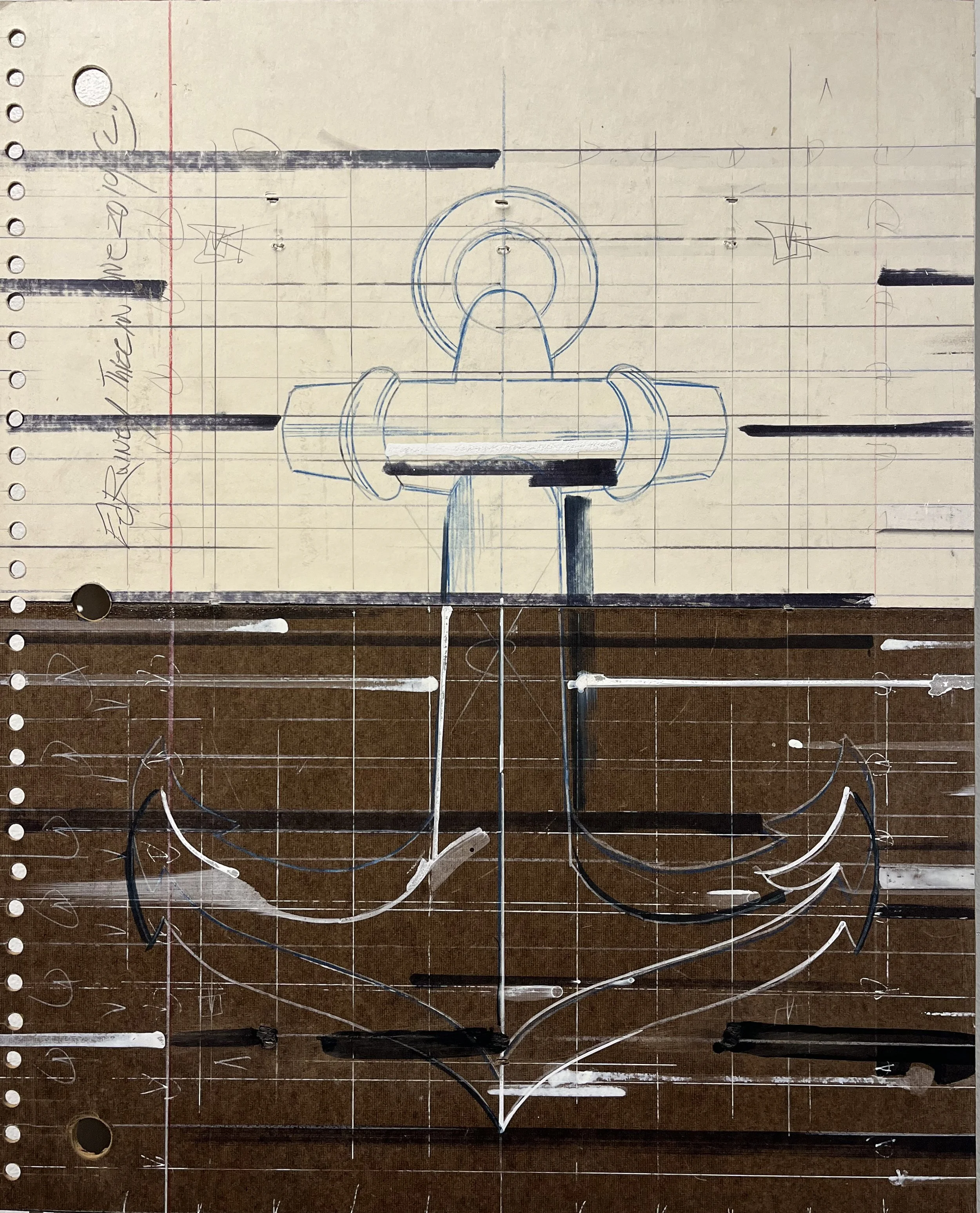 "Three in One, Anchor," 2019,
mixed media on paper and MDF board, 24 x19.5 in.	
$2000