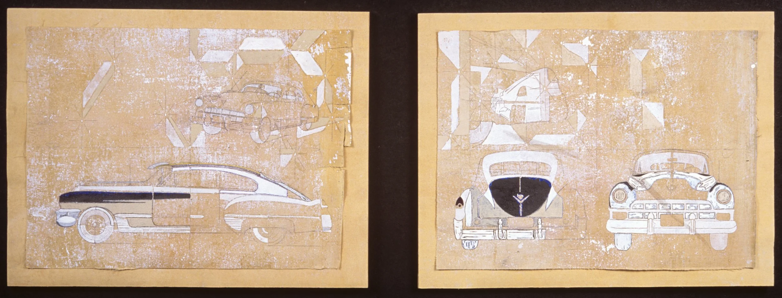 "1949 Cadillac" (diptych), 2002,
mixed media on the reverse side of 
cloth-backed antique wallpaper, 18 x 24 in. each,		
$3500