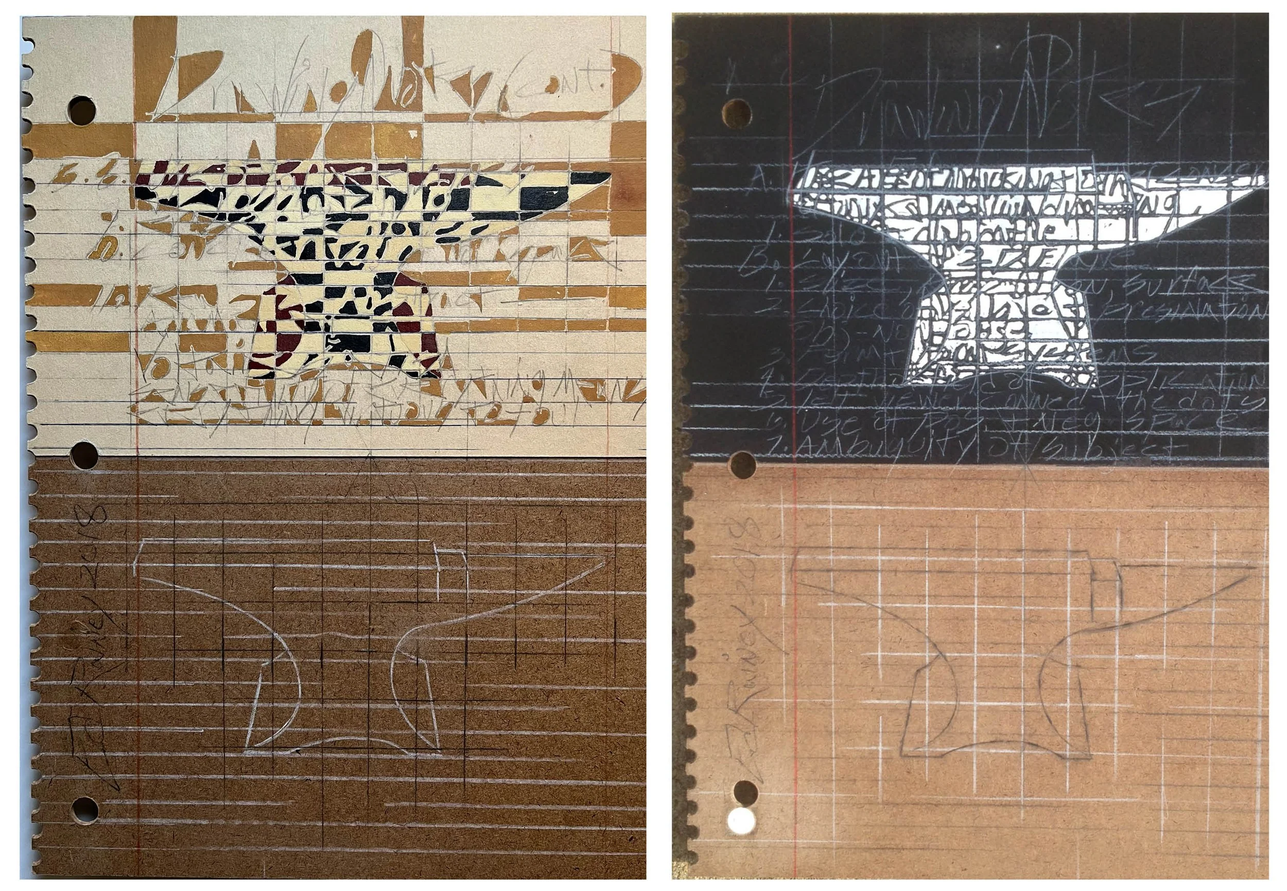 "Drawing Notes, Anvil" (diptych), 2018,
mixed media on paper and MDF board, 16 x 12 in. each,	
$1000, SOLD