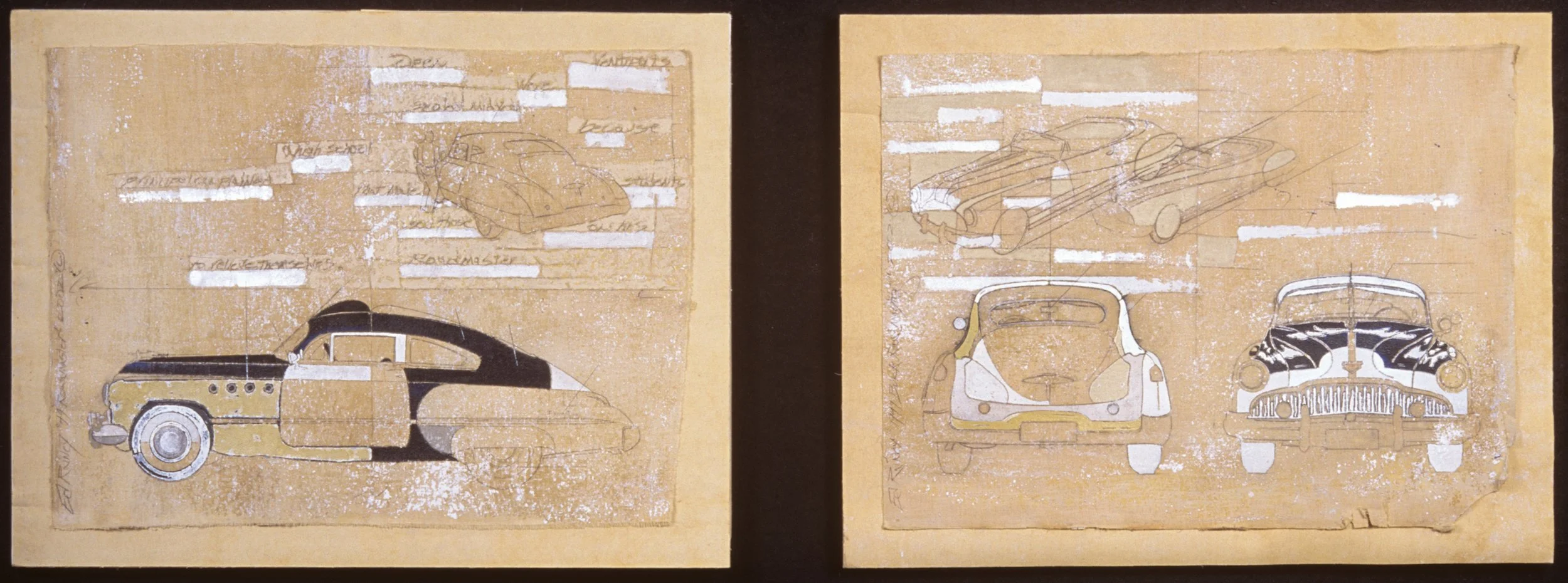 "1949 Roadmaster" (diptych), 2002,
mixed media on the reverse side of 
cloth-backed antique wallpaper, 18 x 24 in. each, 		
$3500
