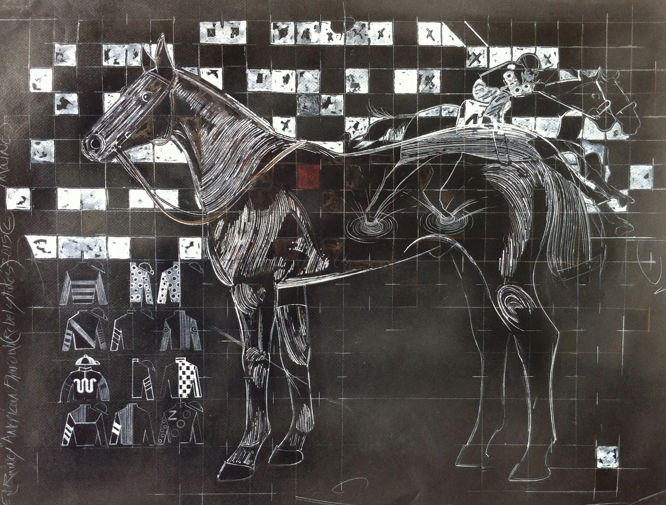 American Pharoah (Rebel Stakes), 2016, mixed media on paper, 42 x 30 in.