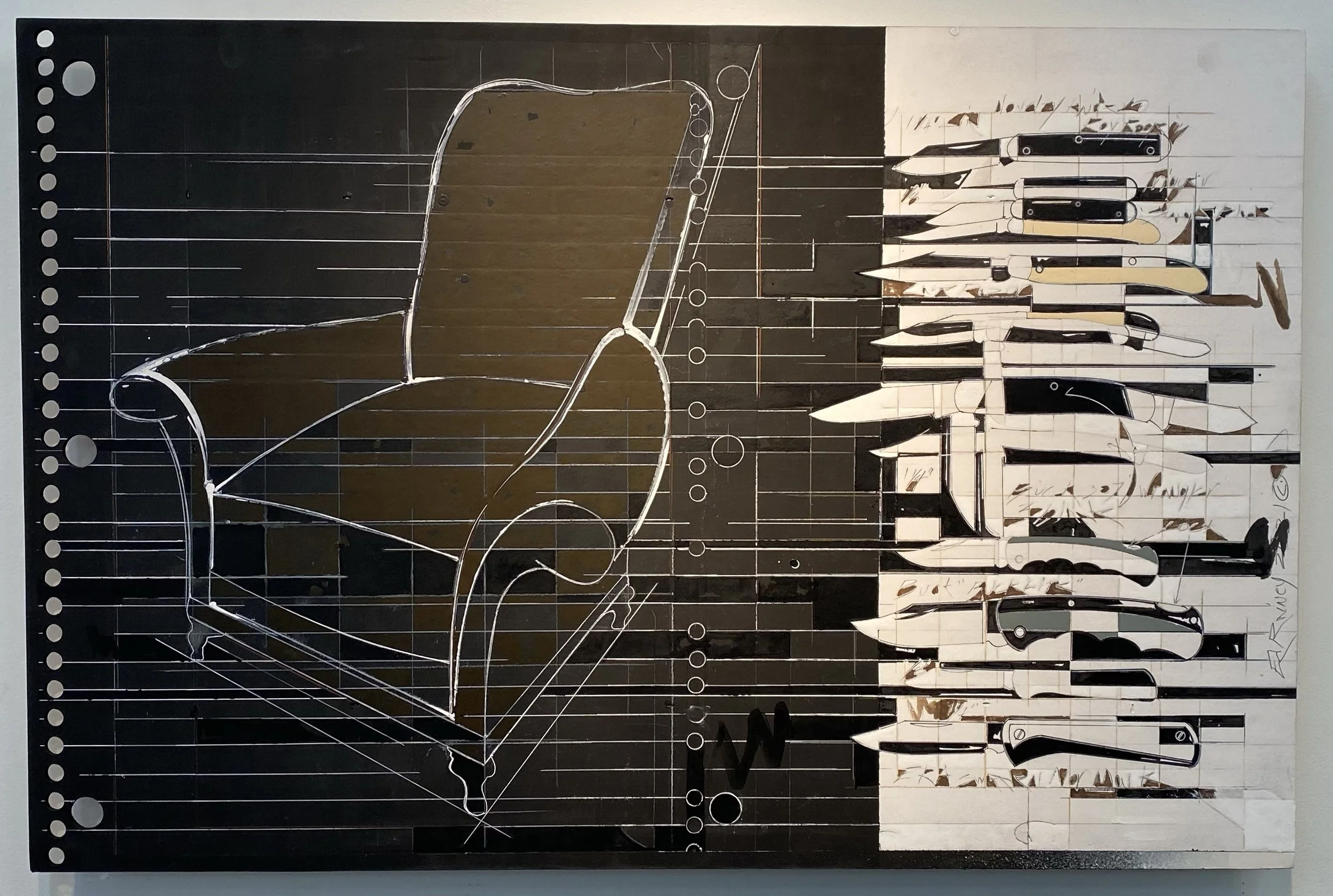 Larrabee Chair and Knife Noise, 2021, mixed media on paper and MDF board, 36 x 24.75 in.