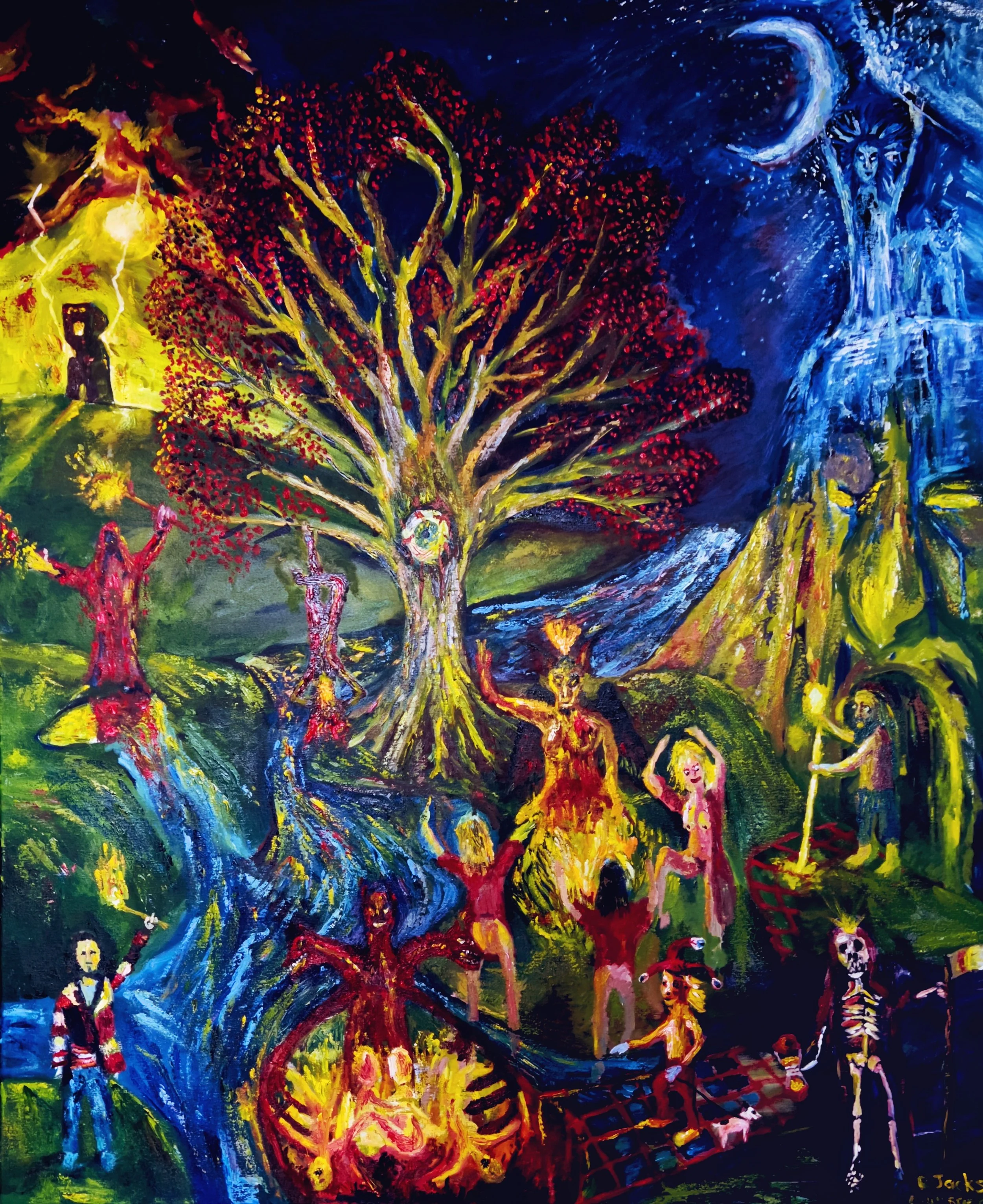 Colorful painting featuring a large tree at the center with red leaves, surrounded by various figures including animals and mythical creatures, with a night sky and moon in the background.