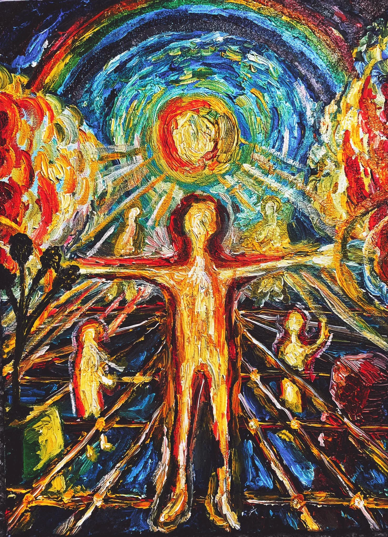 Abstract painting of a luminous figure resembling a human, with arms spread wide, surrounded by vibrant sun and rainbow colors, and smaller figures in the background.