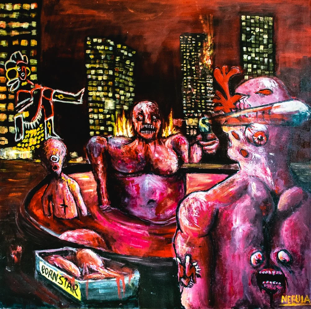 Dark, surreal painting depicting a city skyline at night with abandoned lit skyscrapers. In the foreground, disturbing humanoid figures with exaggerated features and unsettling expressions are gathered around a hot tub. One figure is holding a syring