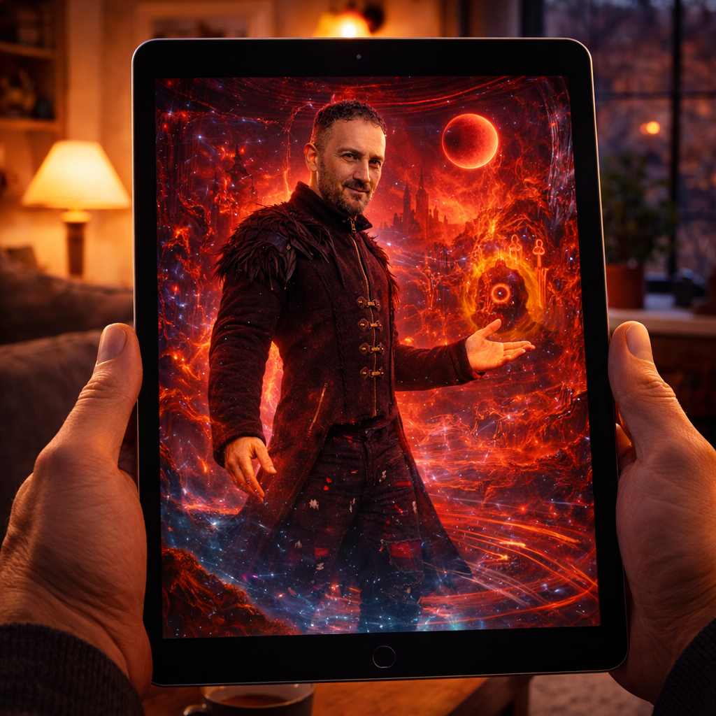 A man is shown on a tablet screen with a fantasy scene featuring a fiery red extraterrestrial landscape, planets, and a figure in dark clothing standing in the forefront.