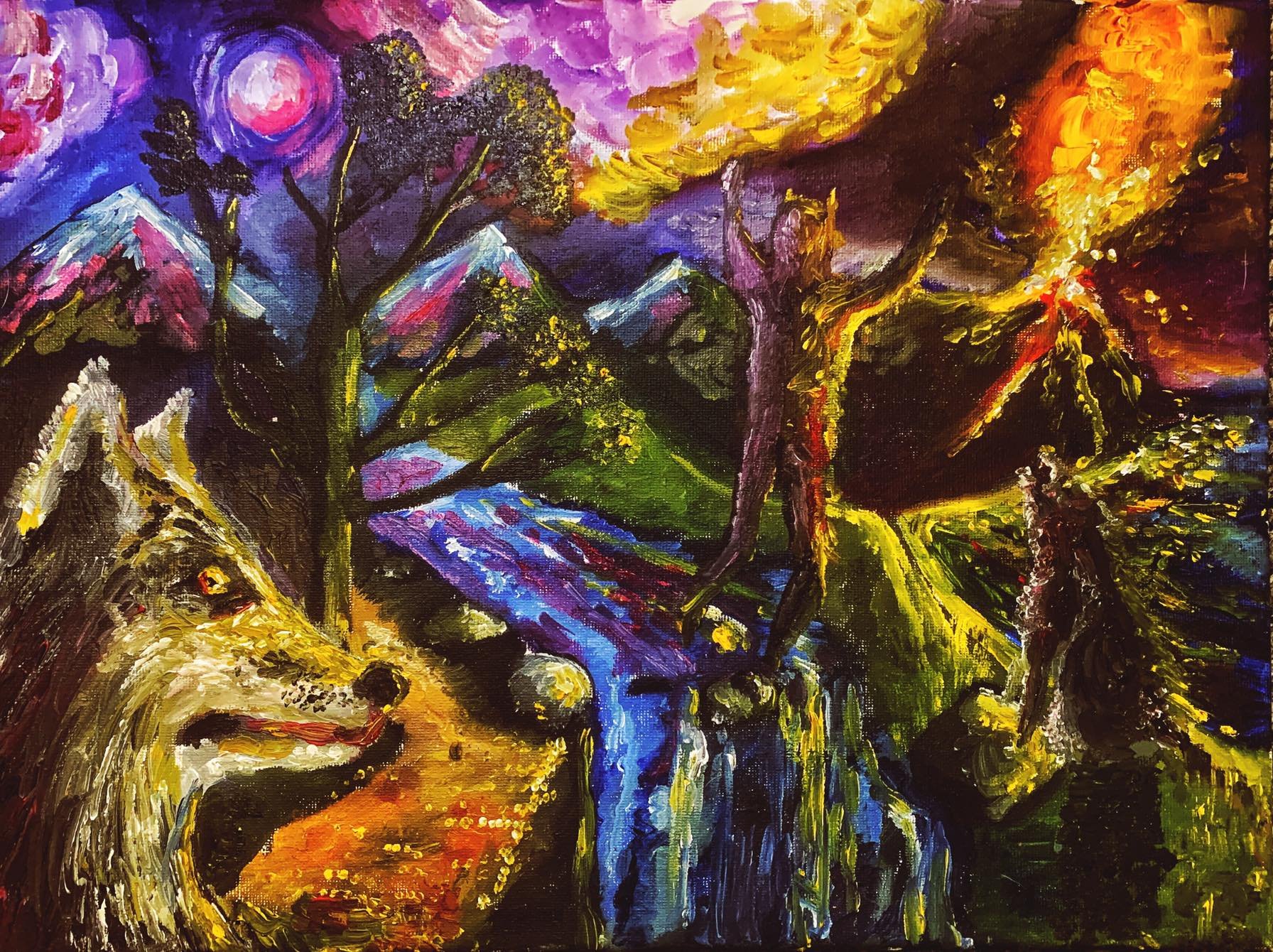 Colorful oil painting of a wolf, a waterfall, a tree with lightning, mountains, a full moon, and a volcano erupting in a surreal landscape.