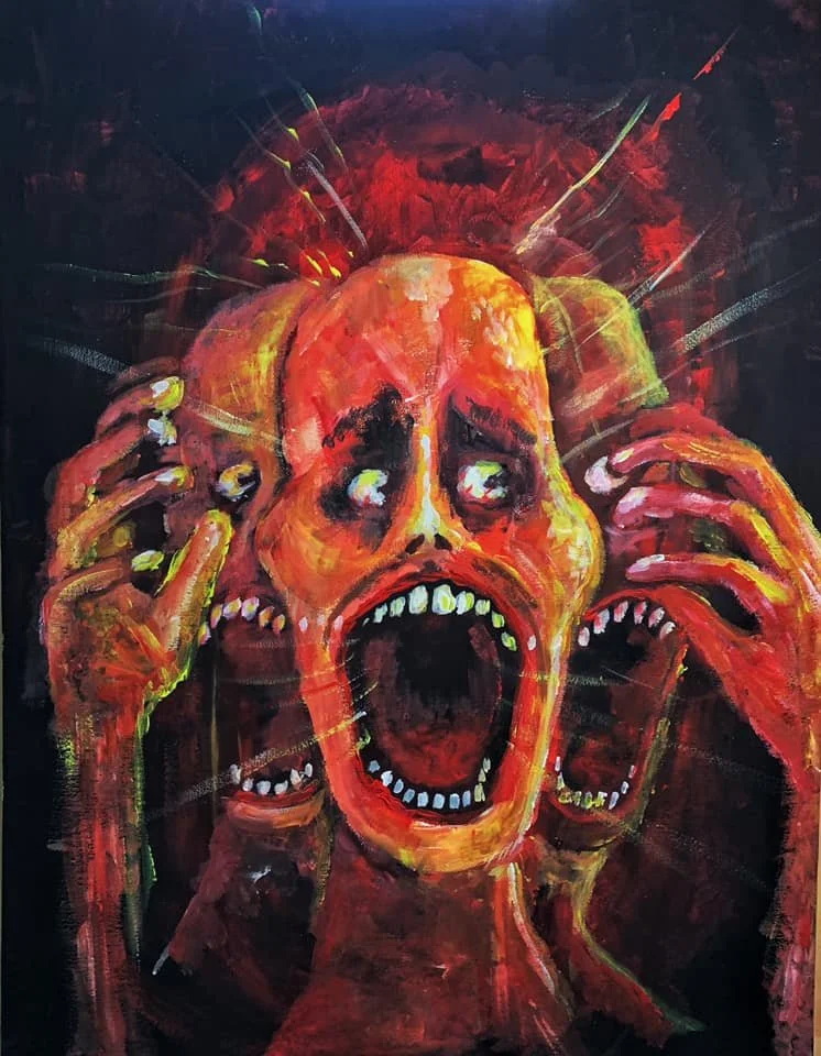Painted artwork of a screaming, distorted face with hands on both sides of the head, in dark and fiery colors.