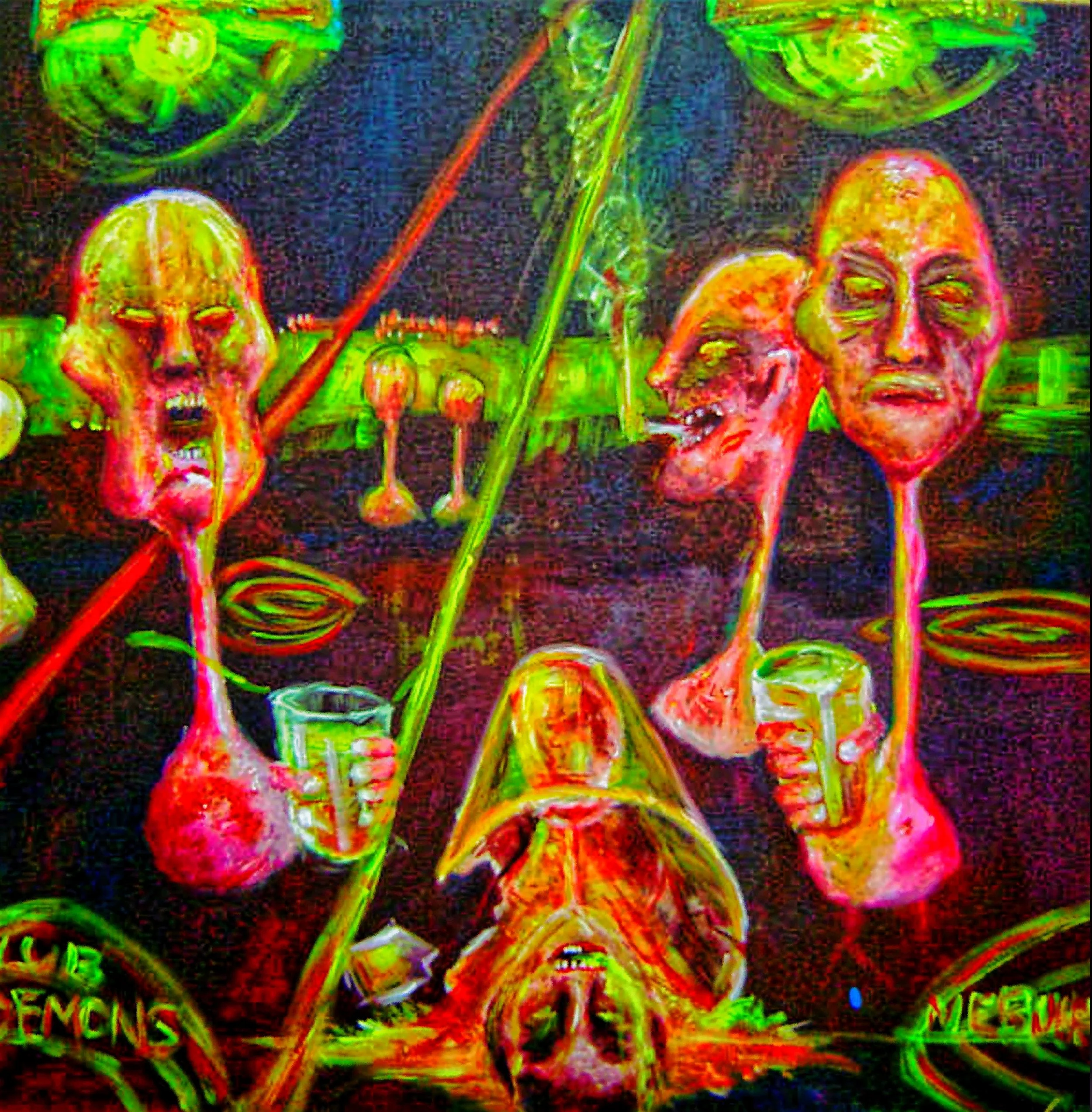 A psychedelic painting of various human heads and faces with exaggerated features, some holding mugs, with bright neon colors and abstract elements.