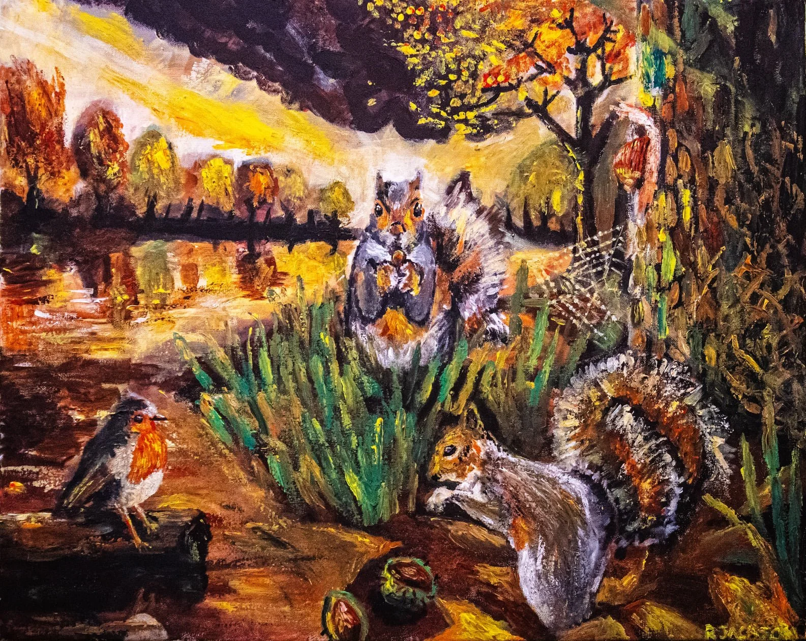 A colorful painting of a woodland scene at sunset featuring a squirrel holding an acorn, a bird on the ground, a fox, and a spider web, with trees and a river in the background.