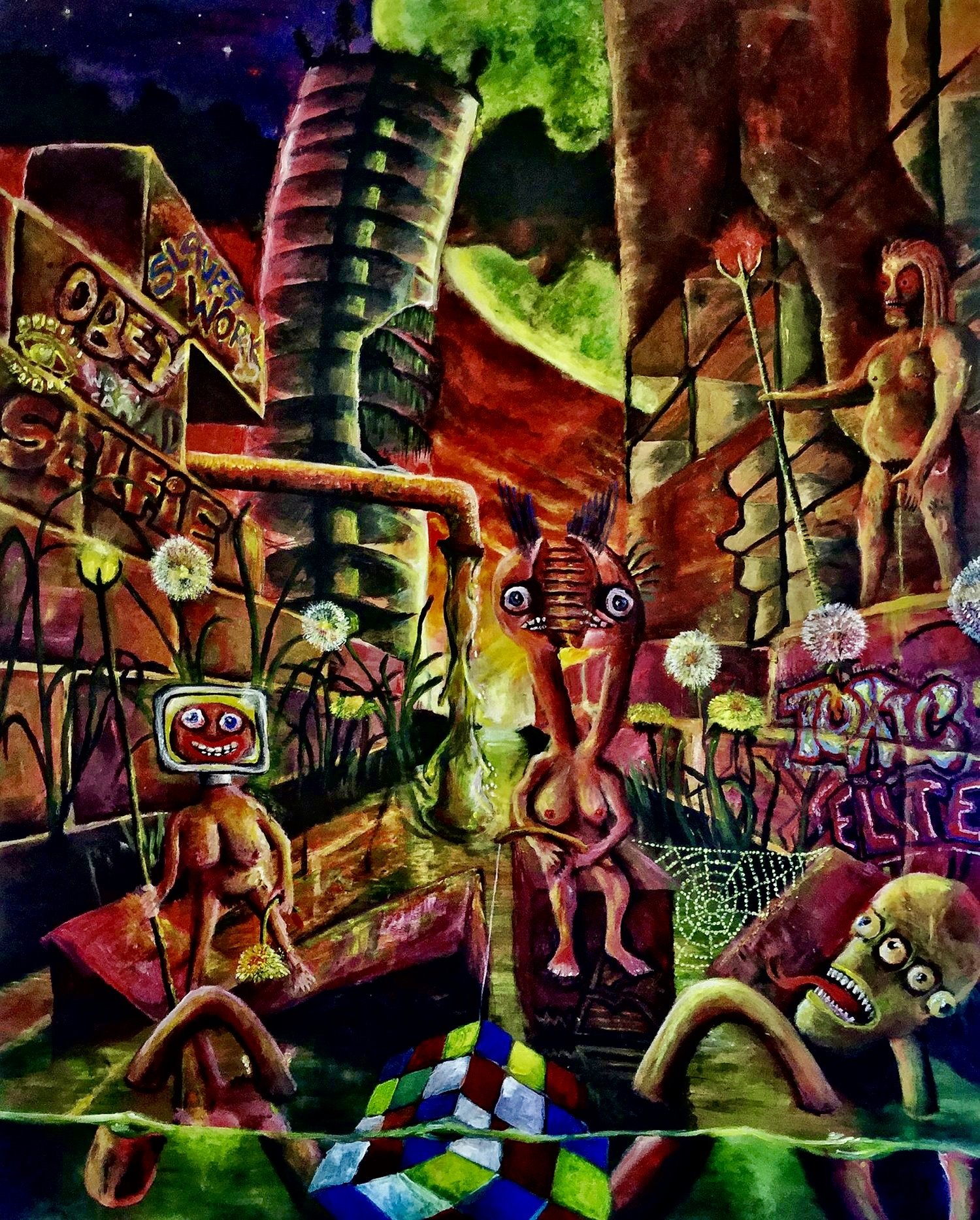 Colorful abstract painting featuring distorted humanoid and animal figures, oversized dandelions, a spider web, signs with text, and a vibrant background with staircases, greenery, and surreal elements.