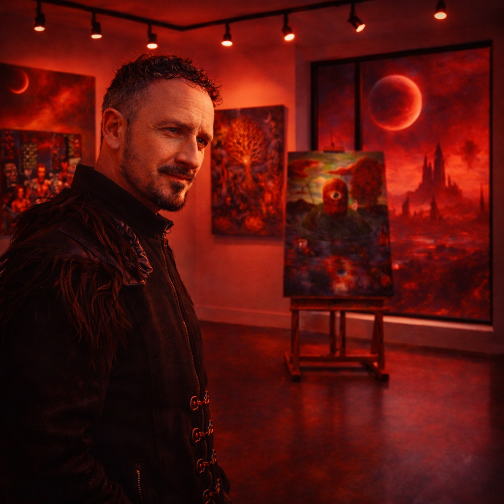 A man with curly hair and a beard looking over his shoulder inside an art gallery with red lighting. Abstract paintings featuring red and fiery themes are displayed on the walls and on an easel.