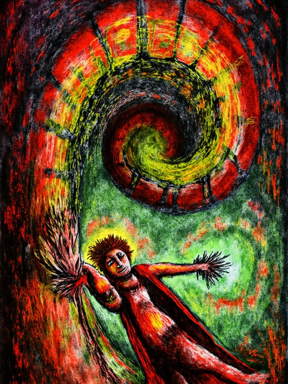 A colorful abstract painting featuring a character with a halo, lying down with arms outstretched, set against swirling red, yellow, and green backgrounds.