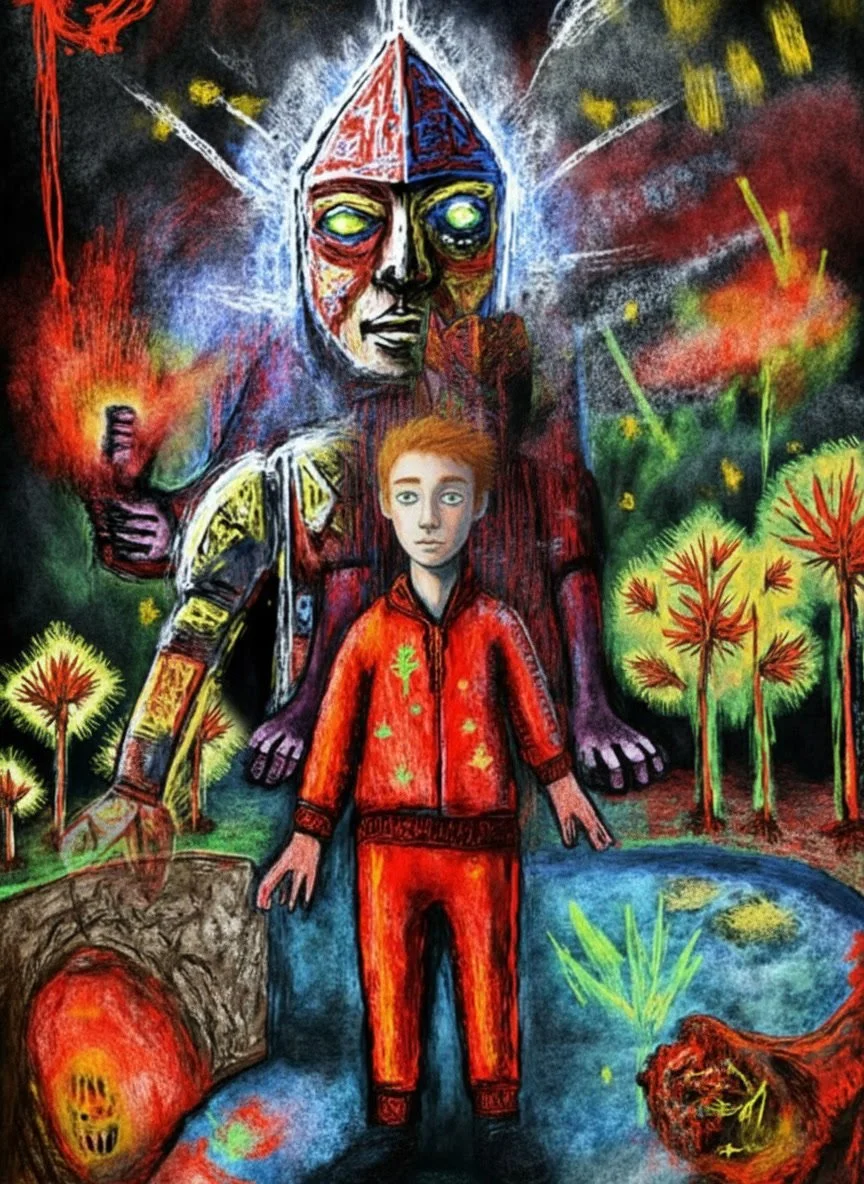 A colorful, abstract painting featuring a young boy in a red outfit standing in front of a large humanoid figure with a mask and glowing eyes. The background includes vibrant trees, a pond, and fiery elements, creating a surreal, dream-like scene.