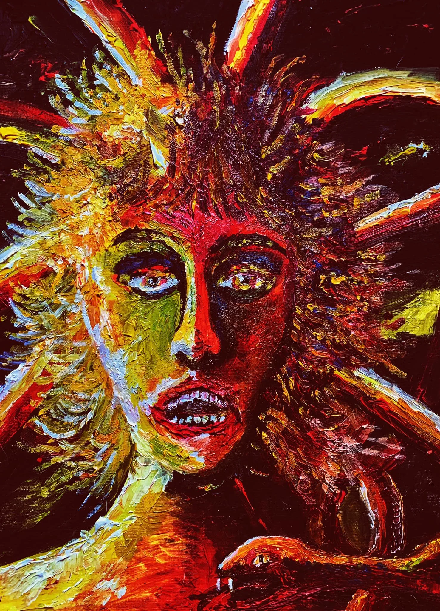 An abstract expressive painting of a woman with a split face, one side with black and green tones and the other with red and yellow tones, surrounded by fiery colors and bold brushstrokes.