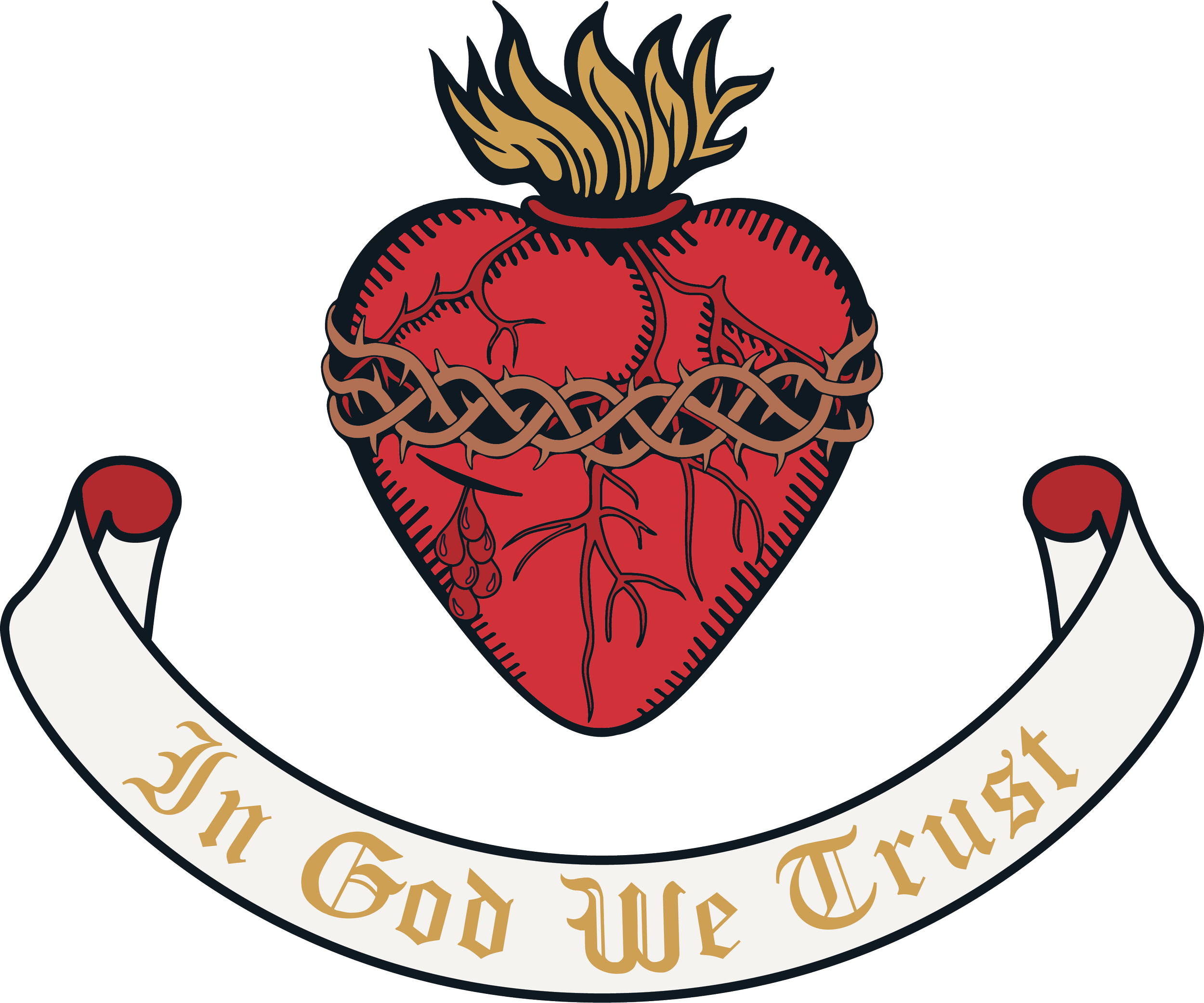 Sacred Heart of Jesus with banner underneath that says In God We Trust