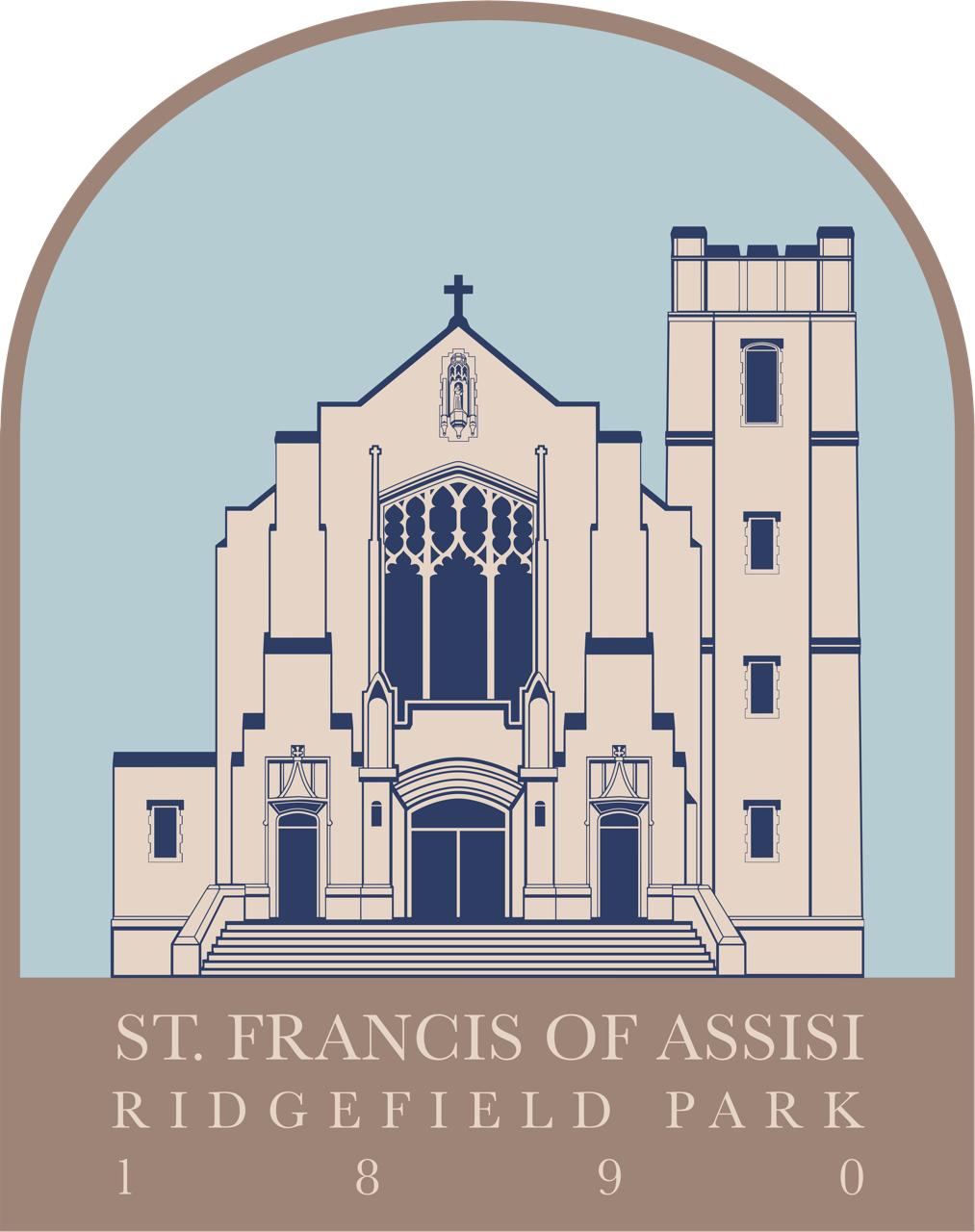 Logo for St. of Assissi in Ridgefield Park. The logo is a brown dome with the church building exterior inside the dome.
