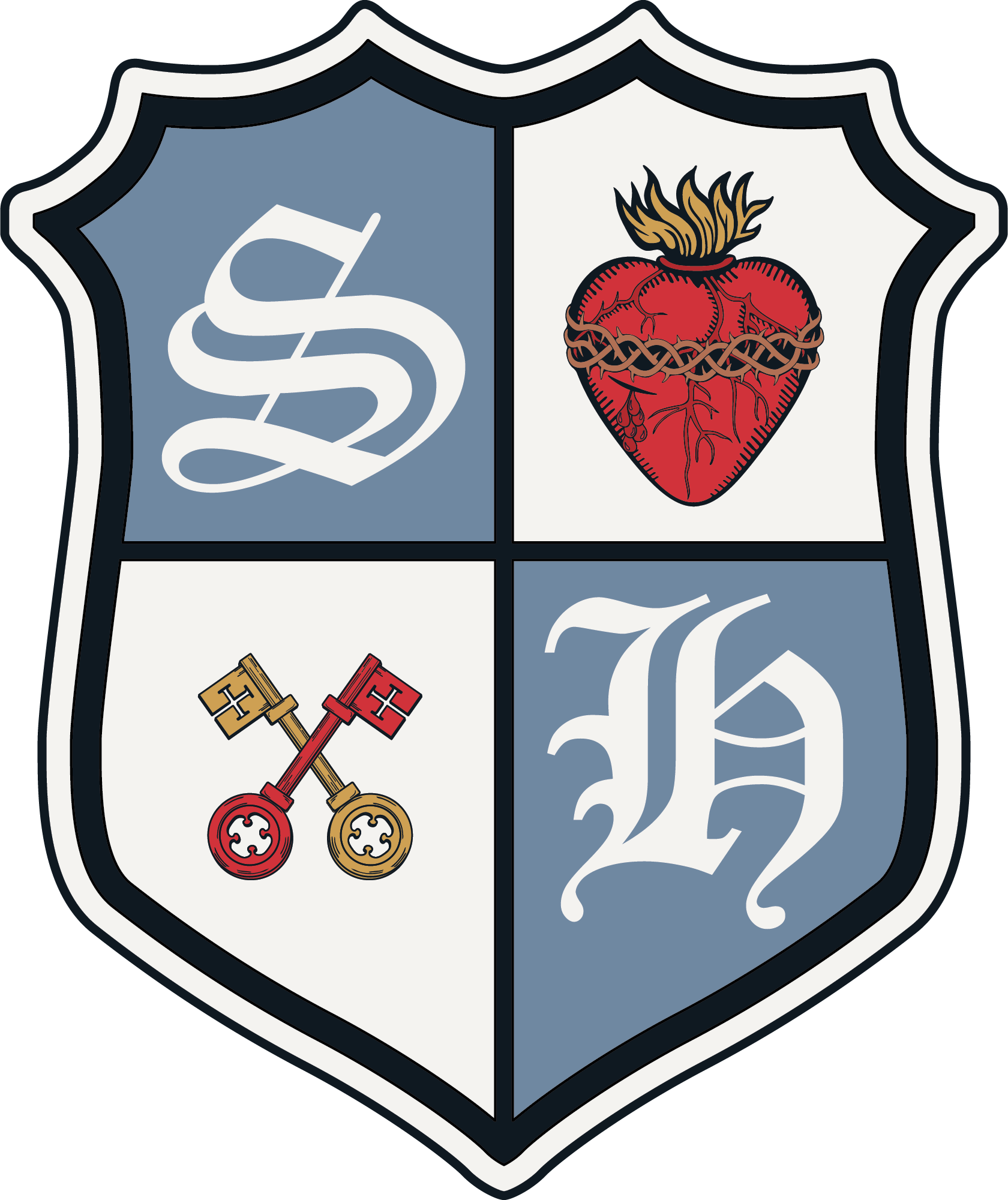 Sacred Heartistry crest illustration in blue and white