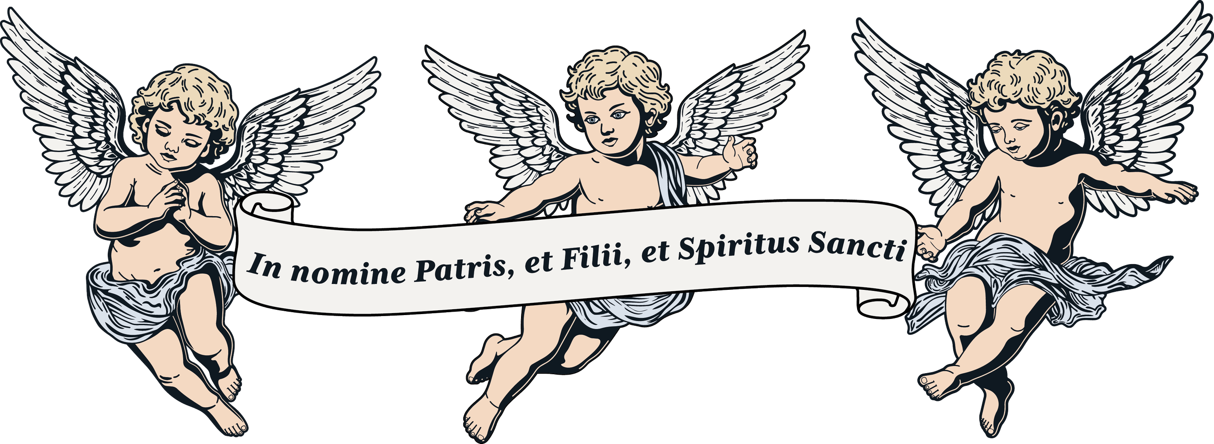 Three cherub angels with scroll that says "In the name of the Father, and the Son, and the Holy Spirit" in Latin