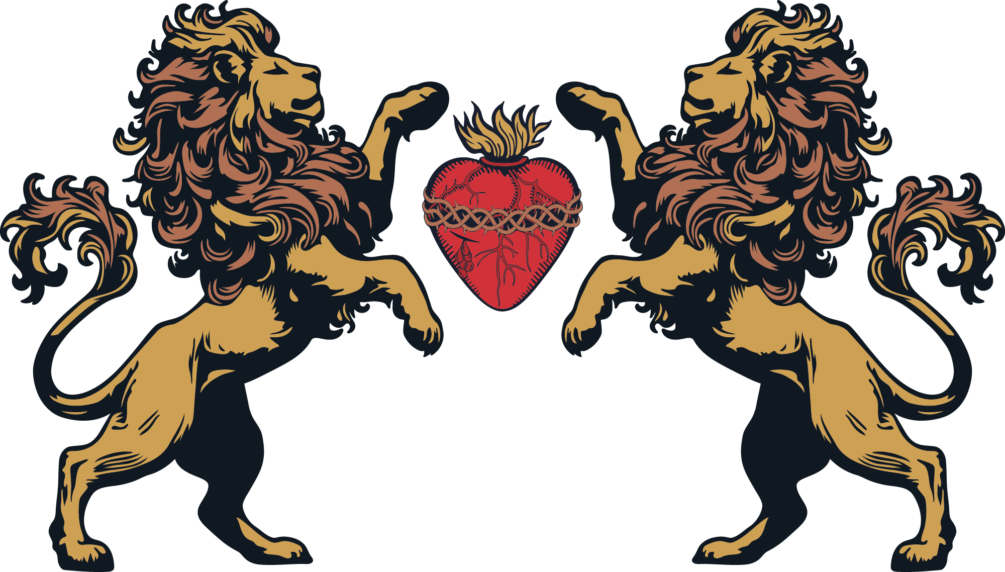 Illustration of two lions facing each other with The Sacred Heart between their paws
