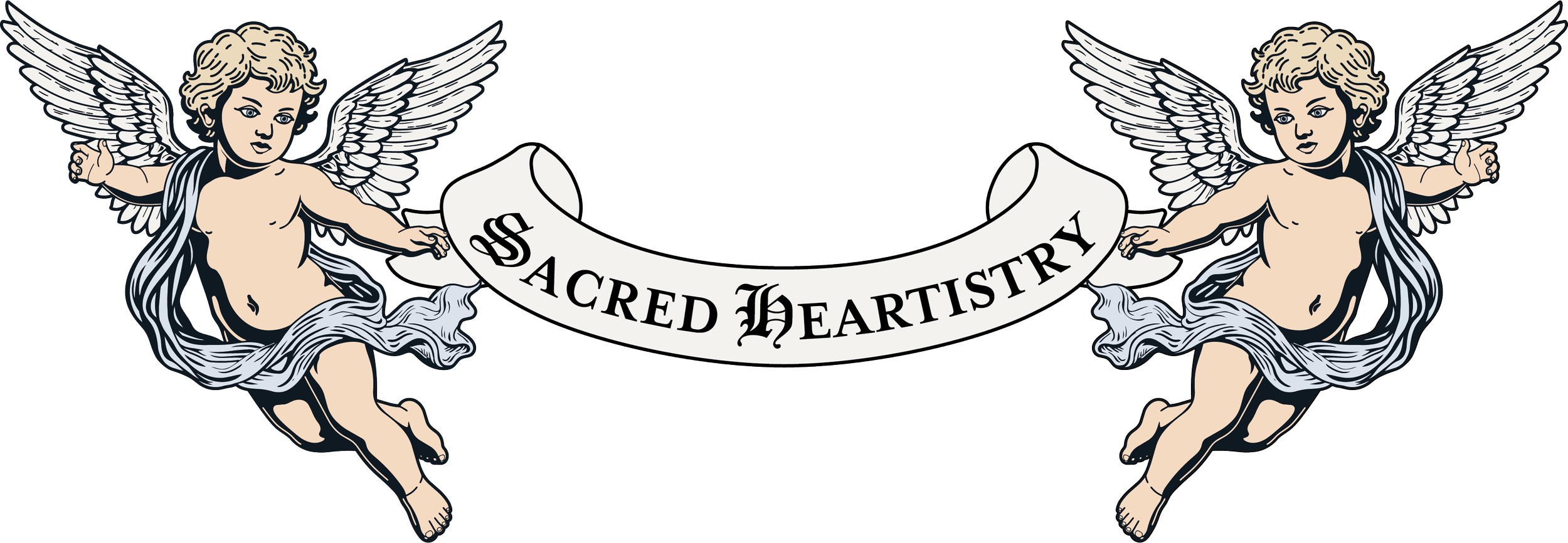 Sacred Heartistry scroll held by two cherub angels