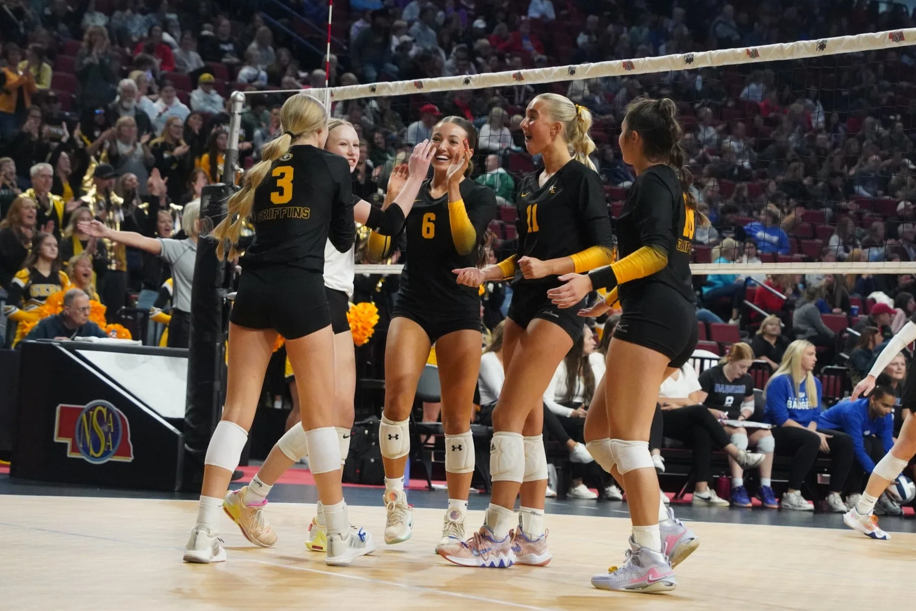 2023 - Going in for the high-five at the state quarterfinals, junior Hayden Hart celebrates a kill with teammates junior Hailey Levinson, junior Nyah Pothoff, freshman Ava Waters and junior Margaret Williams on Nov 1.  The team eventually lost in thr