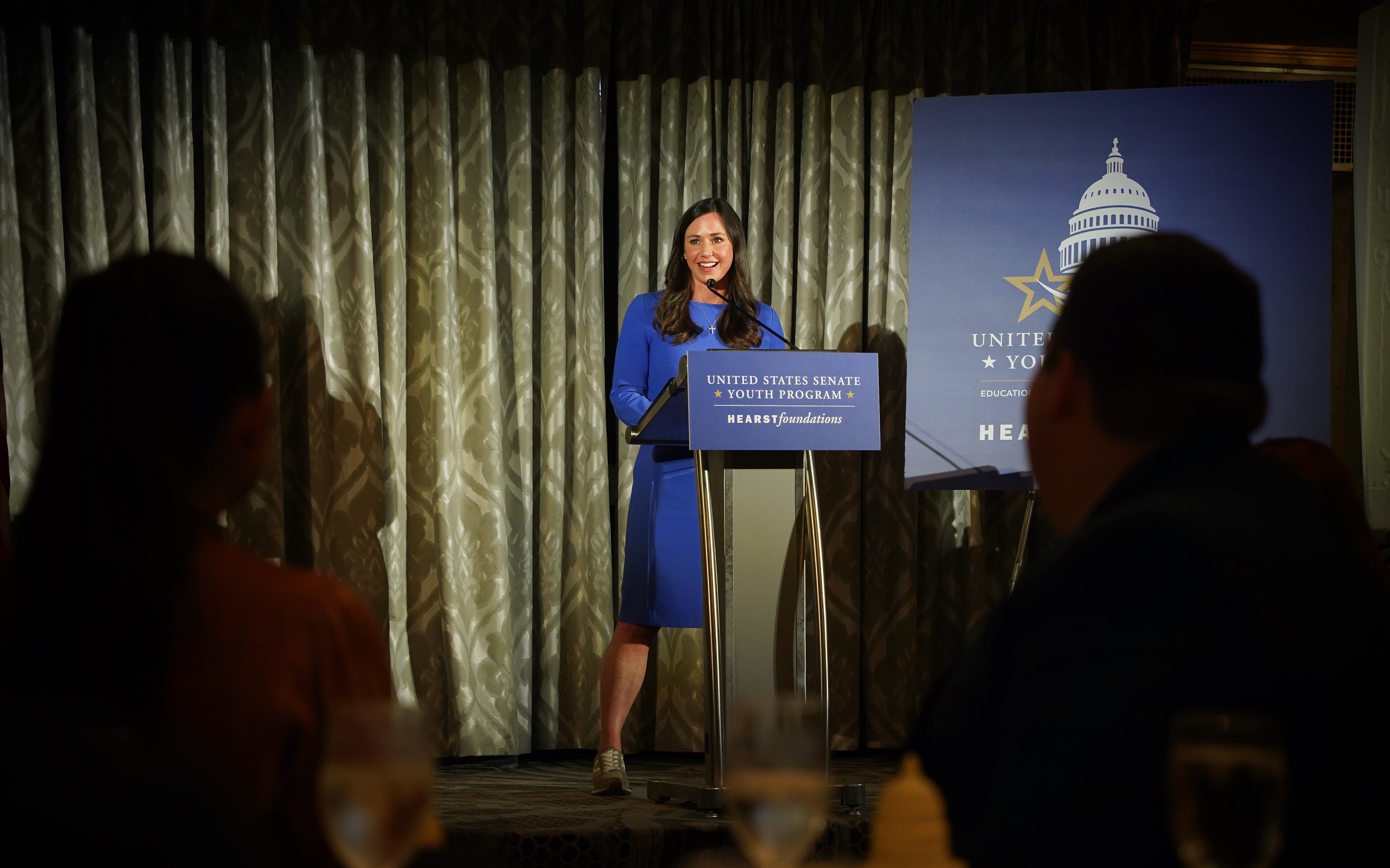2026 - Speaking to the delegates of the United States Senate Youth Program on March 9, Sen. Katie Britt of Alabama introduces herself. At the Mayflower Hotel, Britt spoke about the bills she is currently working on, like social media protections for 