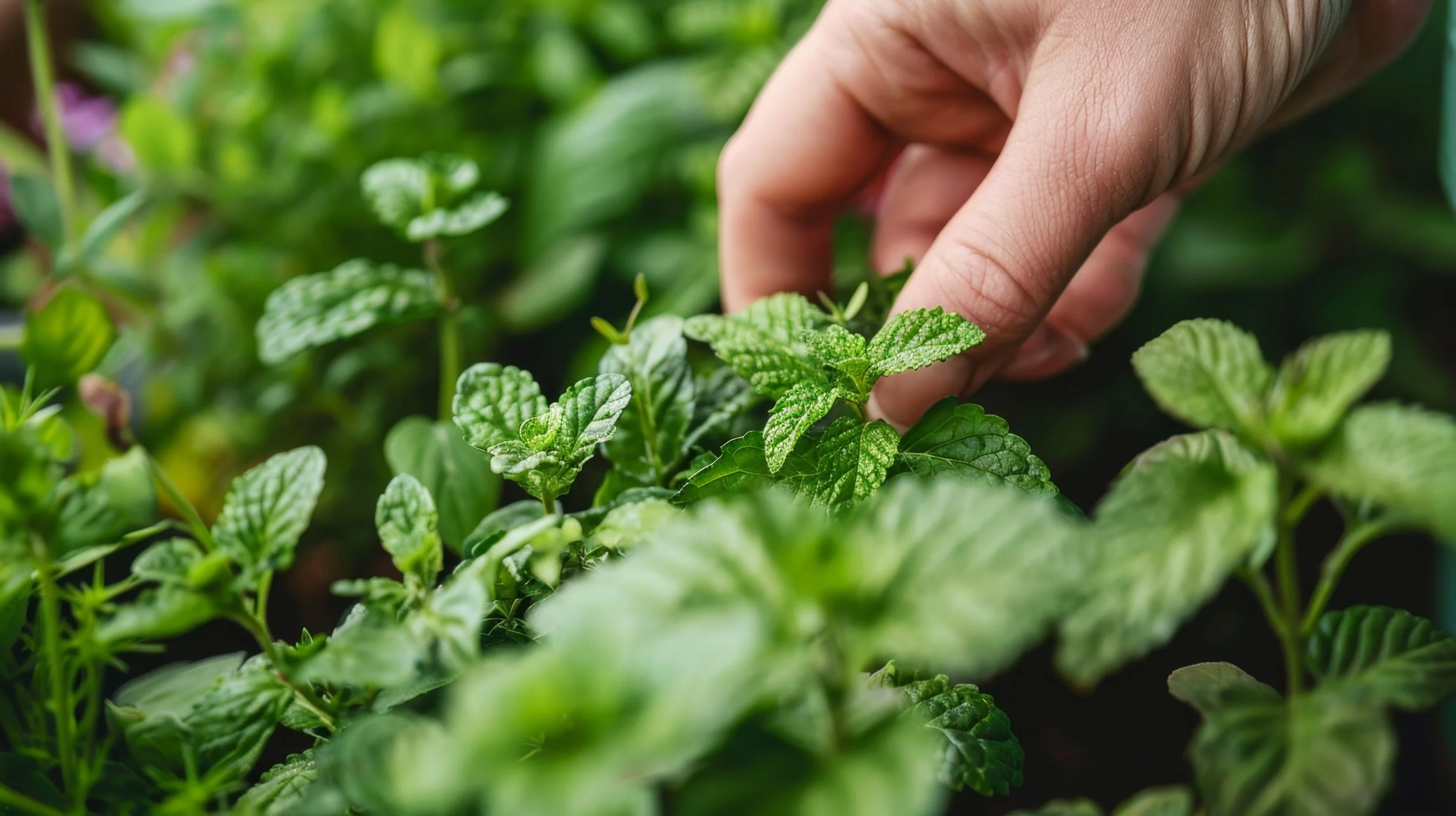 Close-up of a hand tending to green mint plants in a garden.