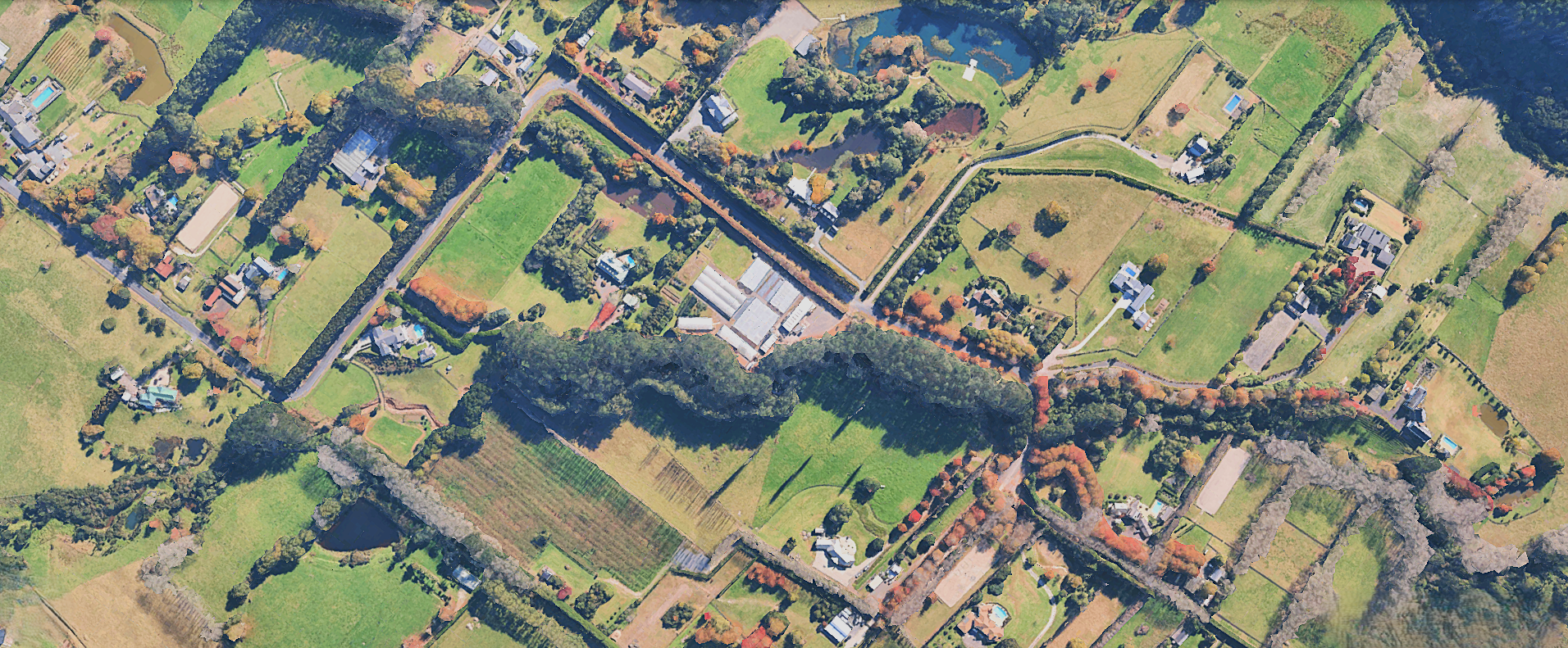 Aerial view of a rural area with houses, green fields, trees, and roads.