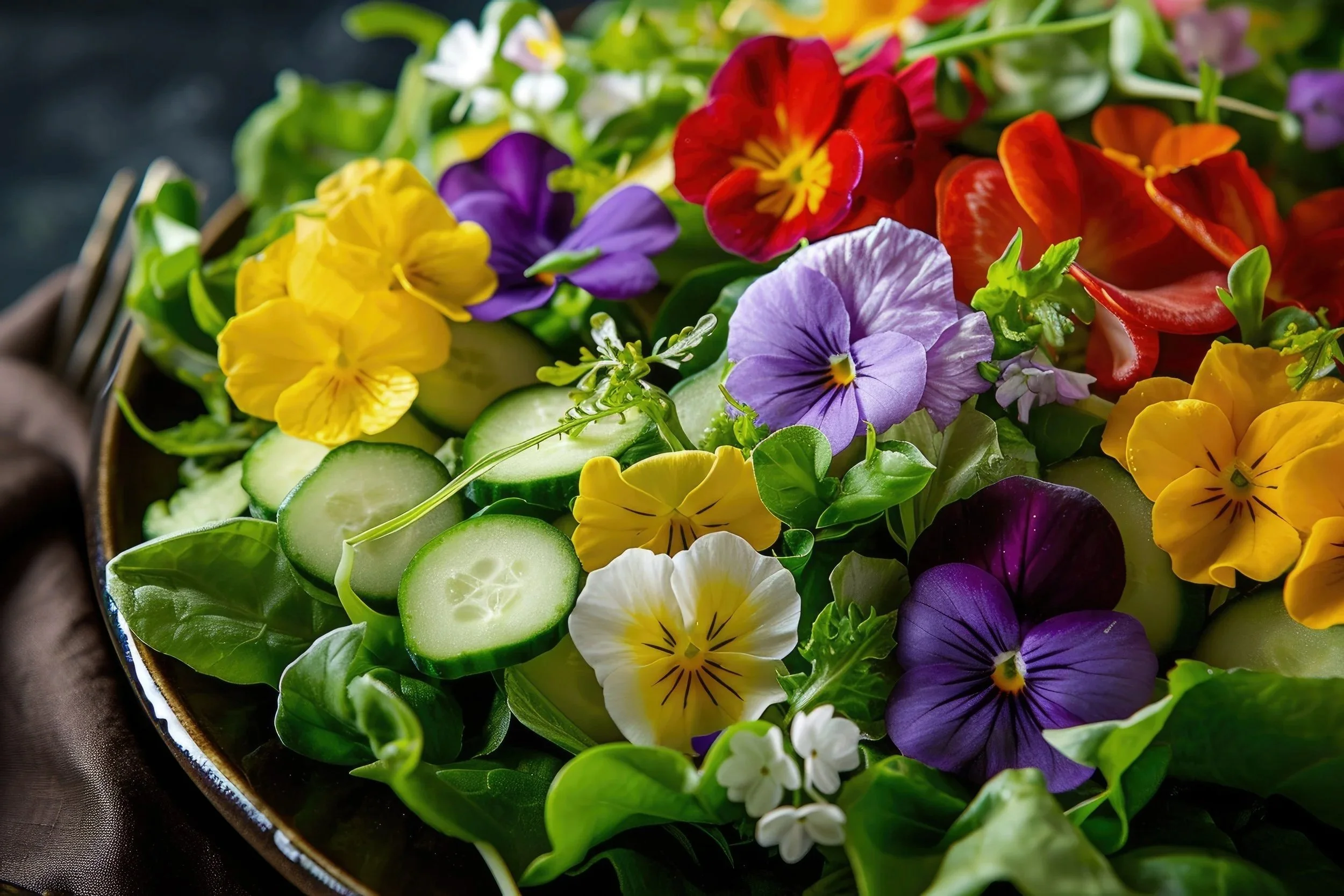 A salad with edible flowers, cucumber slices, and green leaves in a bowl.