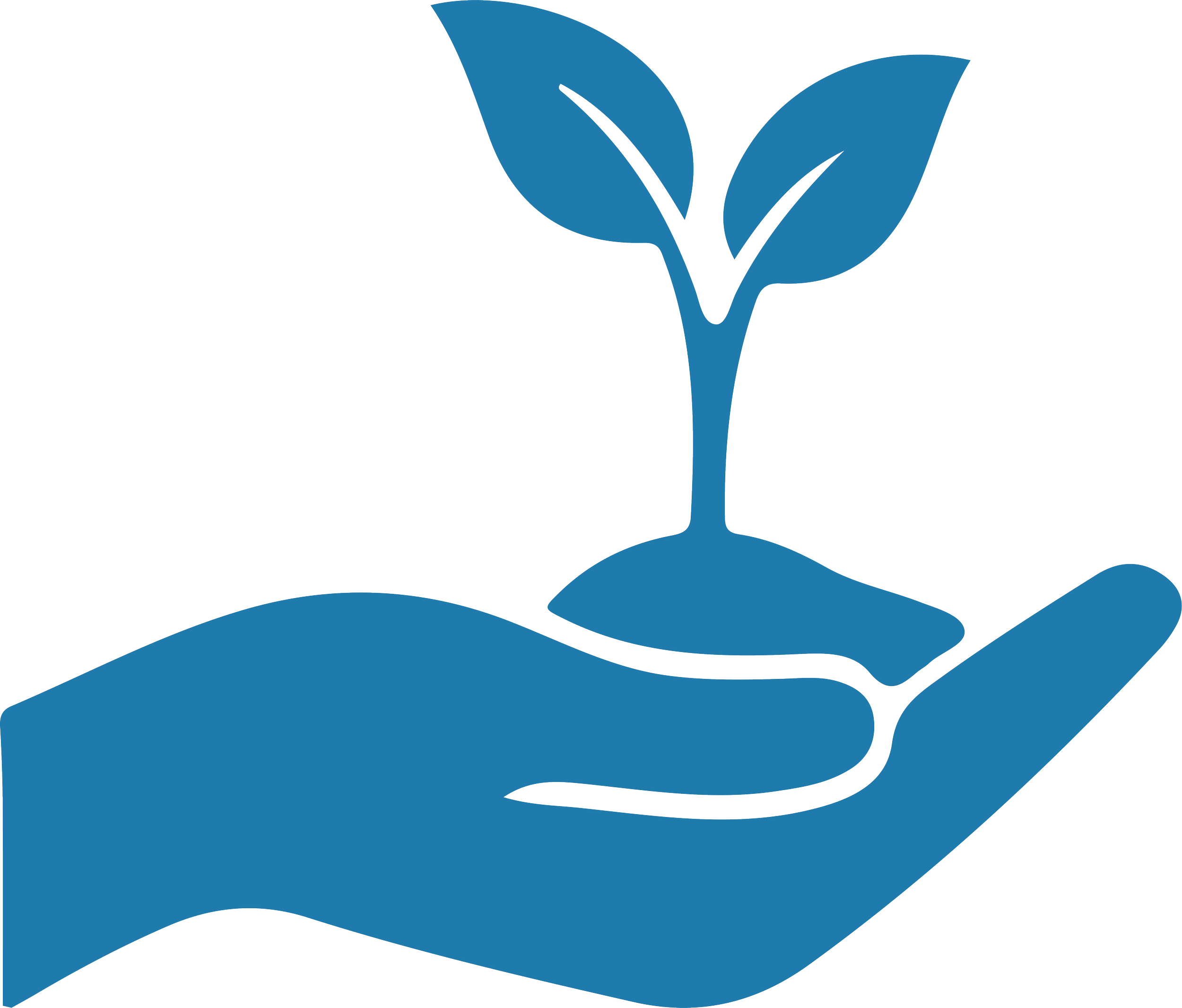 Illustration of a hand holding a small plant with two leaves, symbolizing growth and nurturing.
