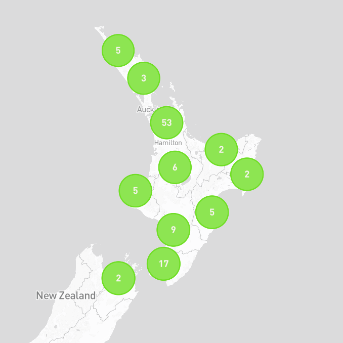 Map of New Zealand with numbered circles representing data clusters in various regions.