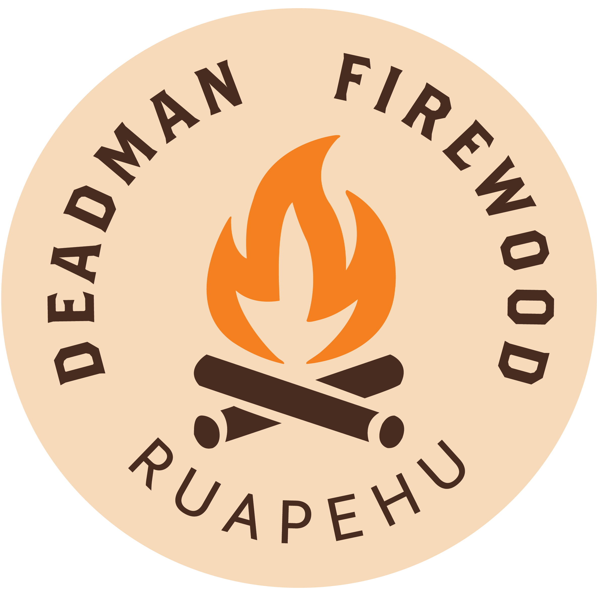 Round logo with beige background, orange fire icon above crossed logs, and the text 'Deadman Firewood Ruapehu' curved around the top and bottom of the circle.