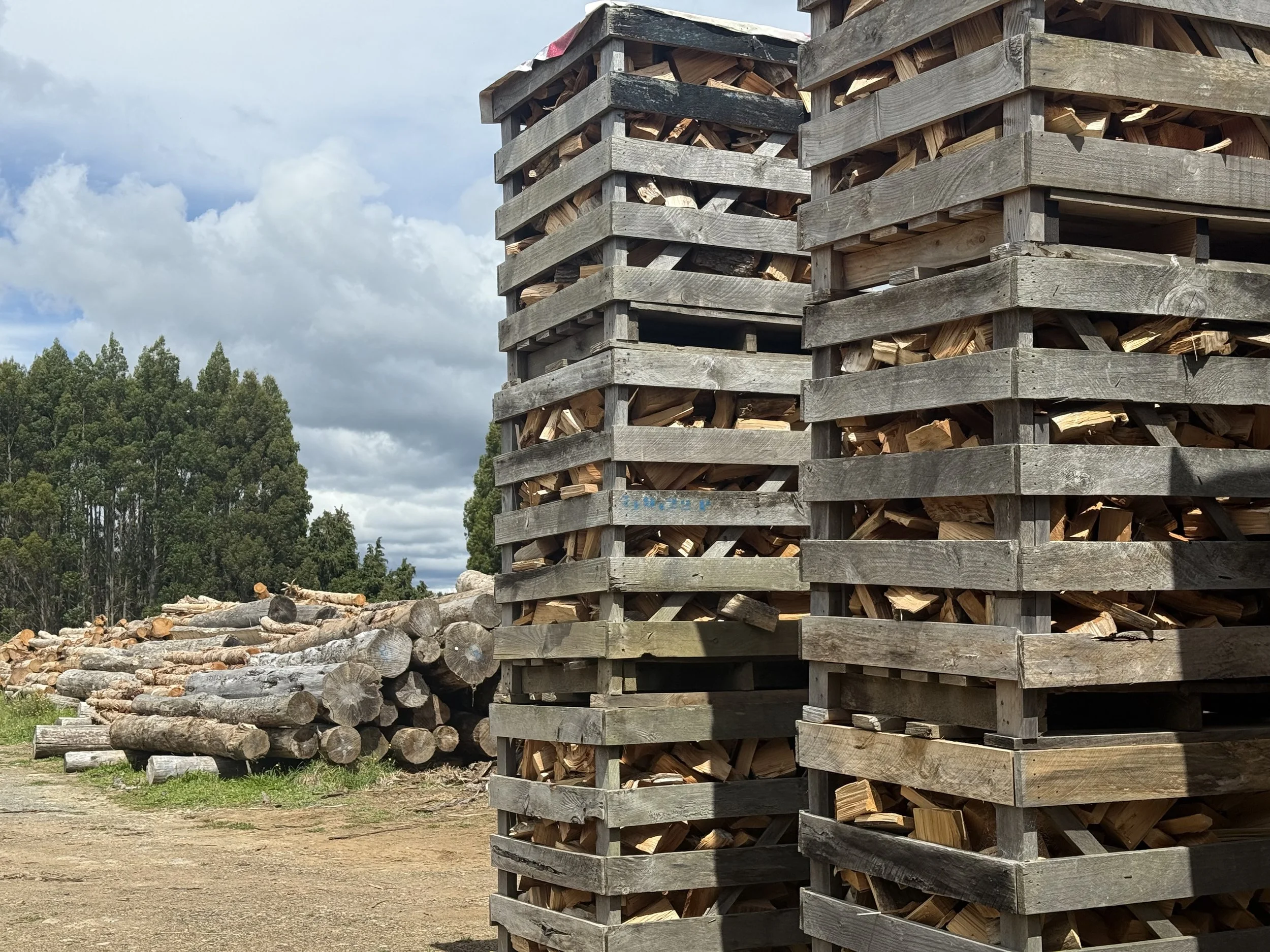 Stacks of firewood in a rural outdoor setting with trees and clouds in the background.