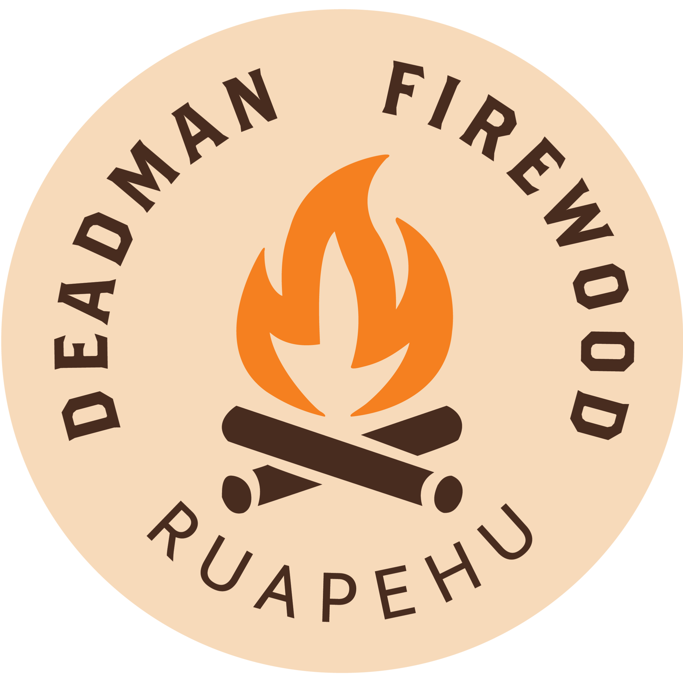 Logo of the Deadman Firewood Ruarhu, featuring a stylized campfire with orange flames and crossed logs on a beige background, with the text 'Deadman Firewood Ruarhu' encircling the image.