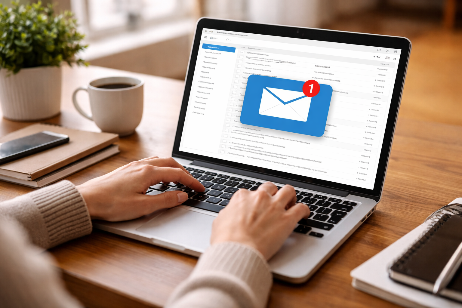 A person typing on a laptop with an email inbox notification on the screen, coffee mug, potted plant, smartphone, notebooks, and pen on a wooden desk.