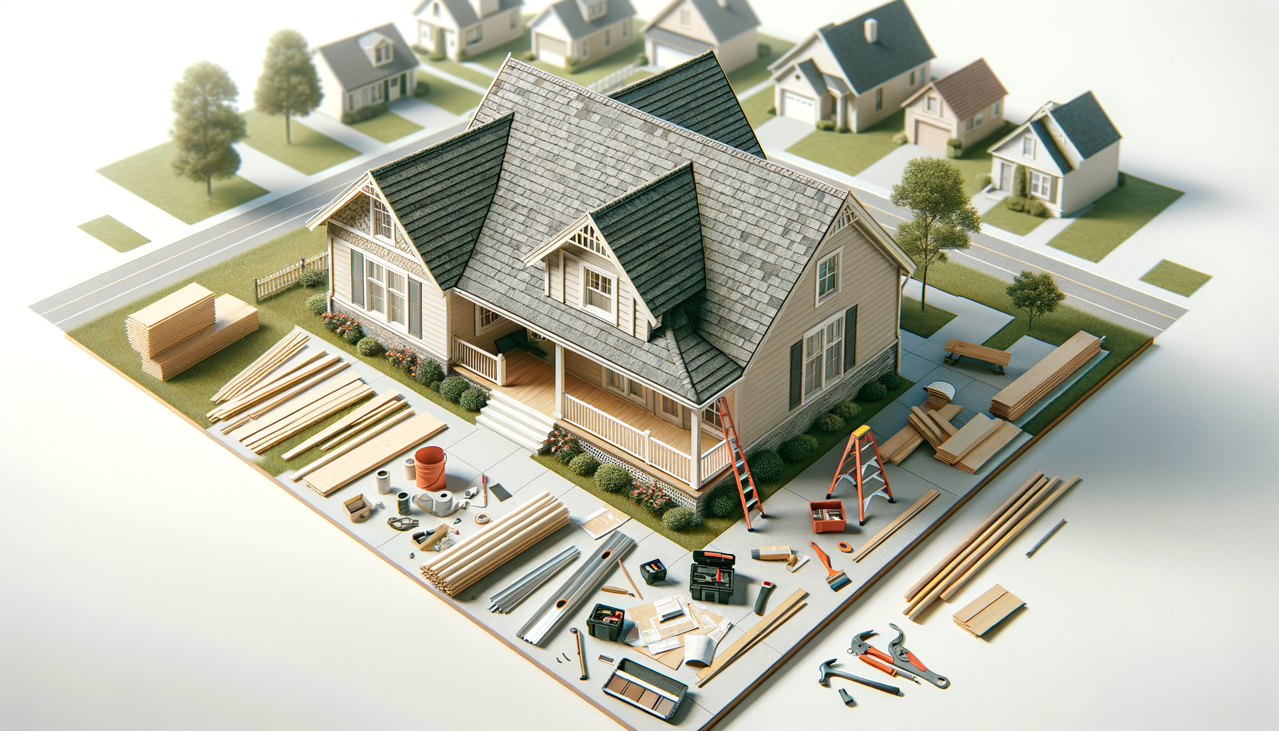 Model of a house under construction with building materials, tools, and small surrounding houses on a table.
