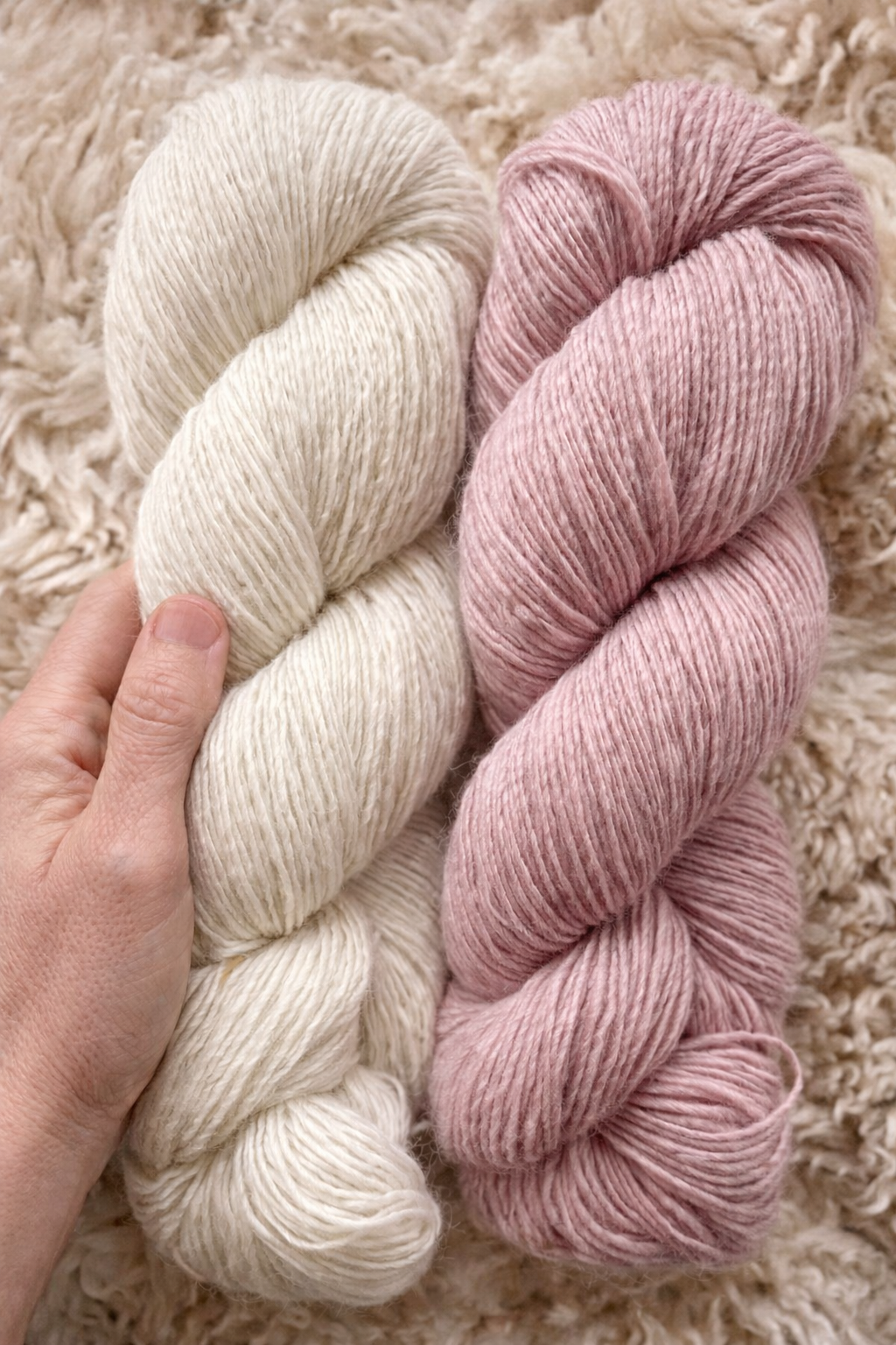 Two skeins of thick, soft yarn, one white and one light purple, resting on a fluffy beige surface.