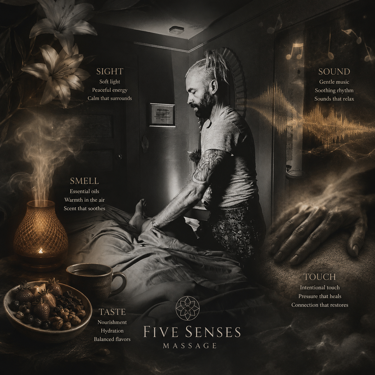 Black and white promotional image of a massage therapy session with the Five Senses Massage branding. The image shows a therapist massaging a client lying on a bed, surrounded by text describing sensory elements such as sight, sound, smell, touch, and taste, along with related descriptions.