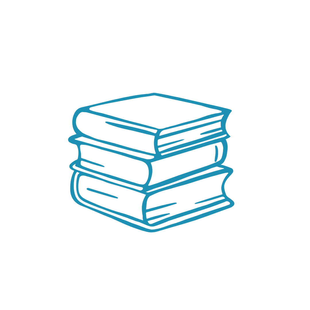 Line drawing of three books stacked on top of each other, colored in blue.
