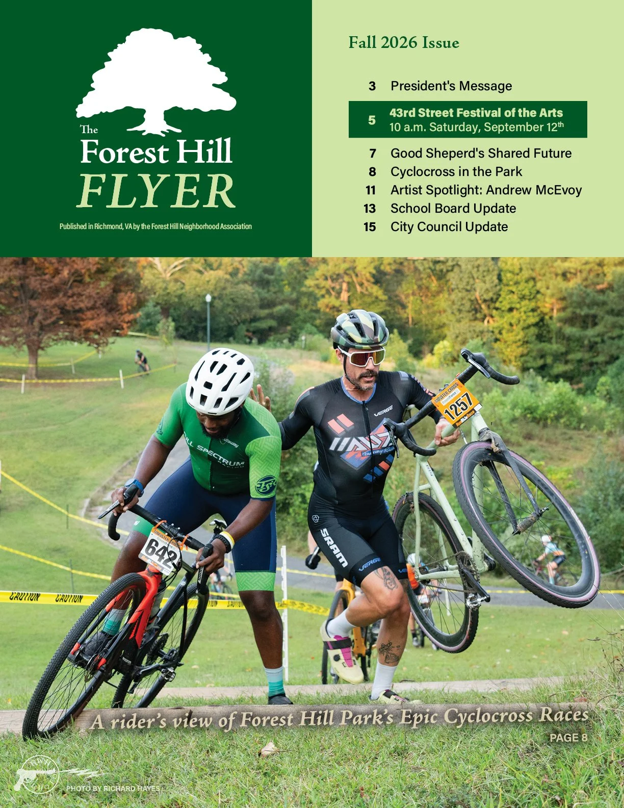 The cover of 2026 Fall Forest Hill Flyer featuring two cyclocross riders.