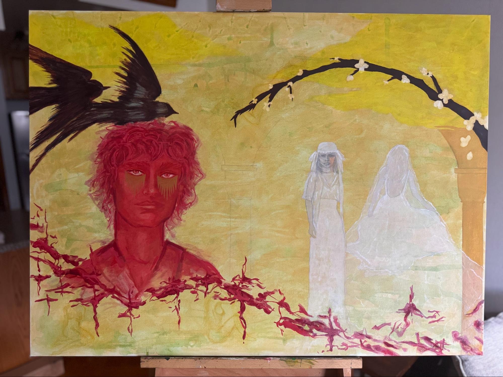 “TBD” | 
Work in progress (2025) | 
Oil, acrylic, watercolor, and oil pastel on canvas | 
30 x 40 in