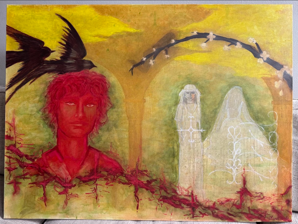 The Erudite Fire | 
2025 | 
Oil, acrylic, watercolor, and oil pastel on canvas | 
30 x 40 in