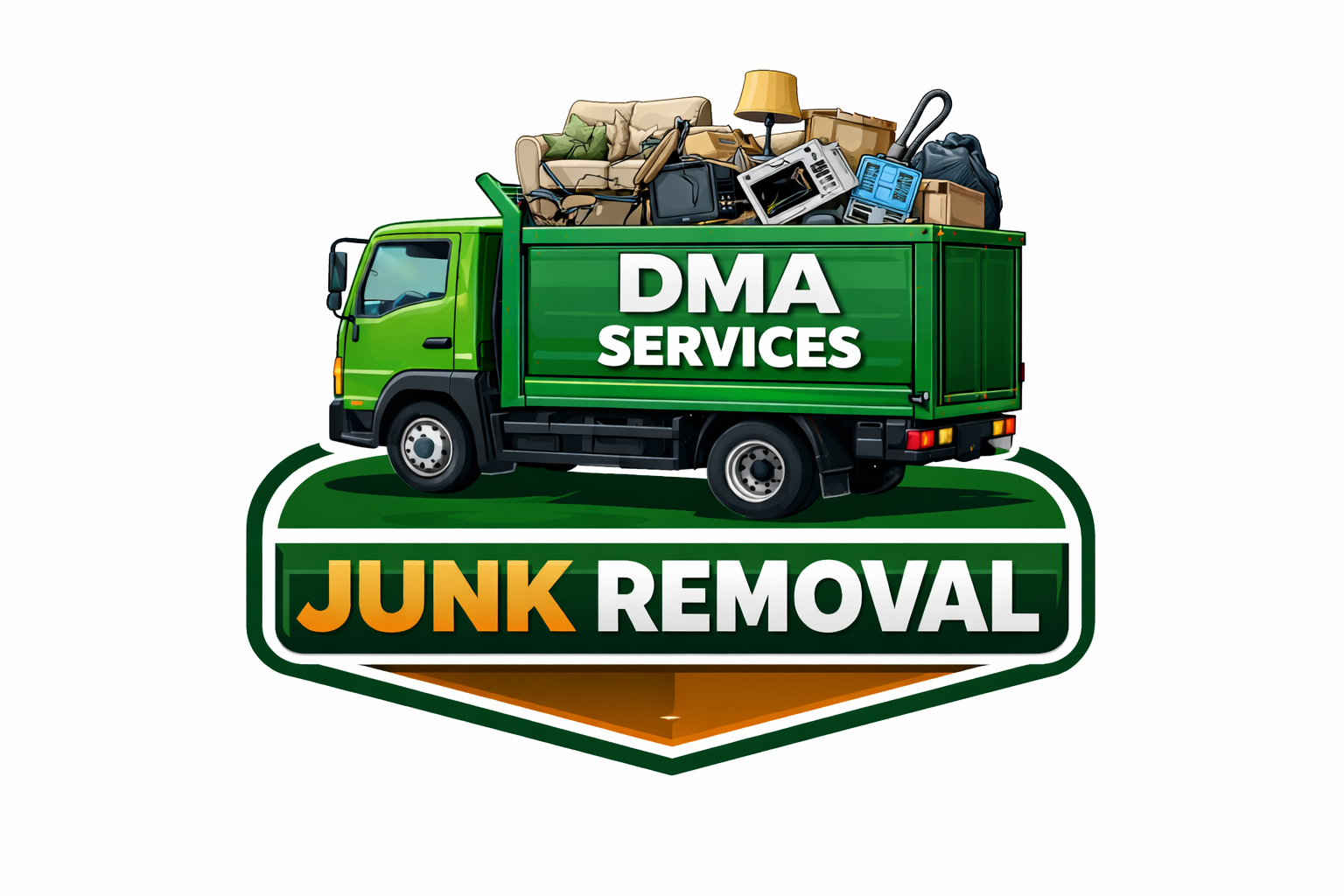 A green truck labeled 'DMA Services' with a bed filled with junk like furniture, electronics, and bags, positioned above a badge reading 'Junk Removal' in green, white, and gold colors.