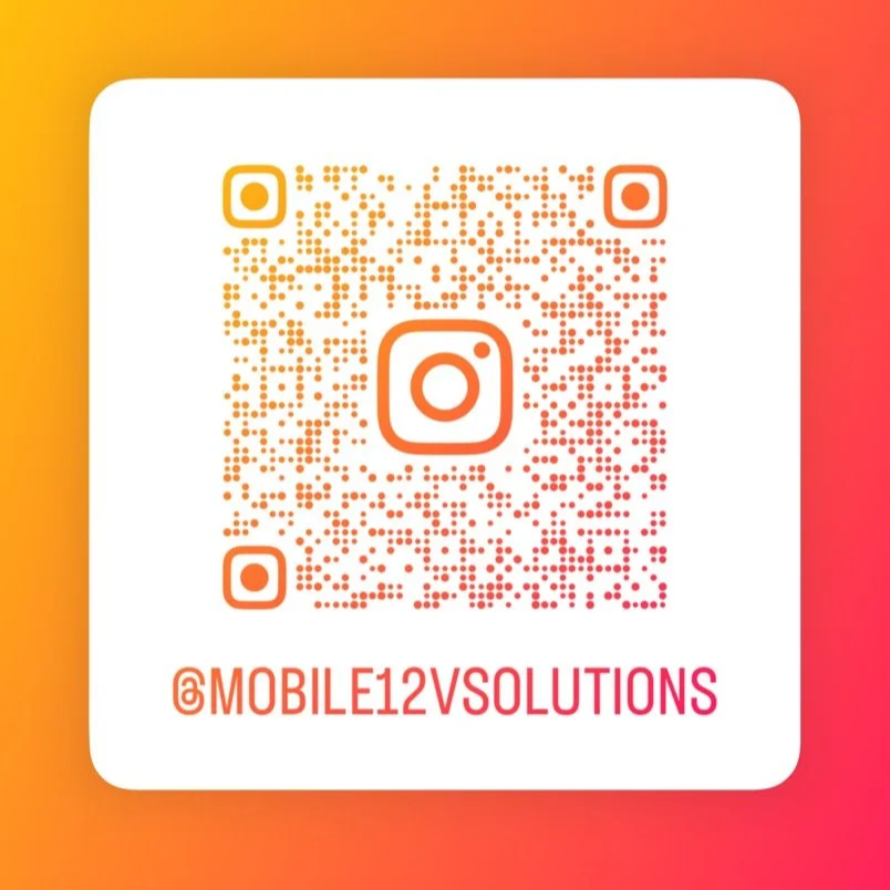 Instagram QR code with orange and pink gradient background, displaying the handle '@MOBILE12VSOLUTIONS'.