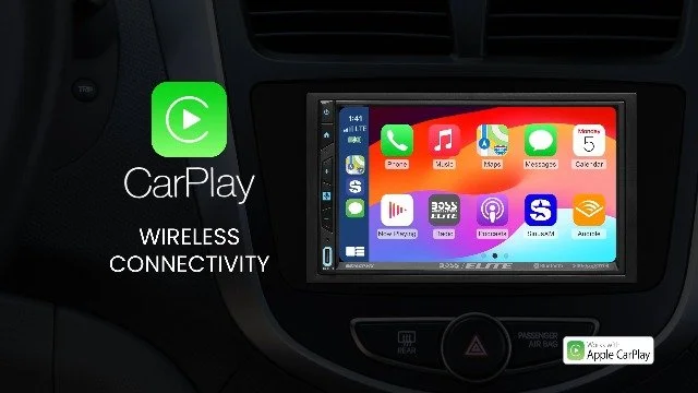 Car dashboard with a touchscreen displaying various app icons, including Phone, Music, Maps, Messages, Calendar, and Settings, with an Apple CarPlay logo and the text "Wireless Connectivity".