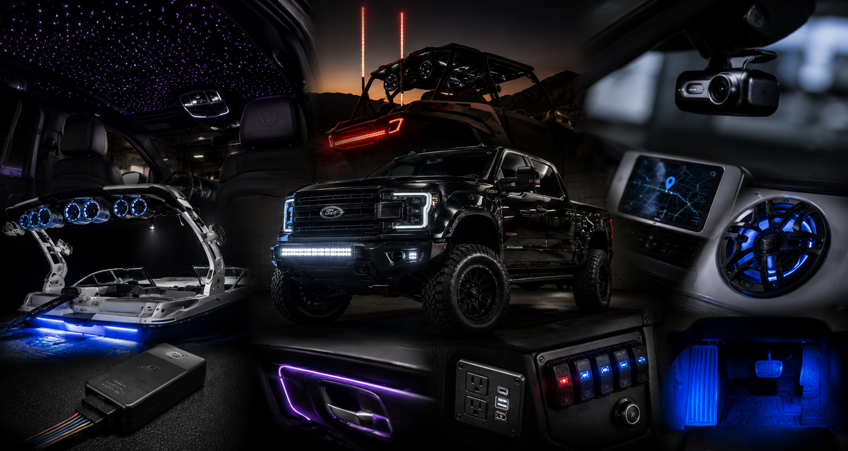 Collage of car and vehicle accessories including a black truck, a boat, a navigation system, interior dashboard with illuminated controls, a dashcam, LED lighting, a control panel with switches, a GPS module, and parts of a boat and car interior.