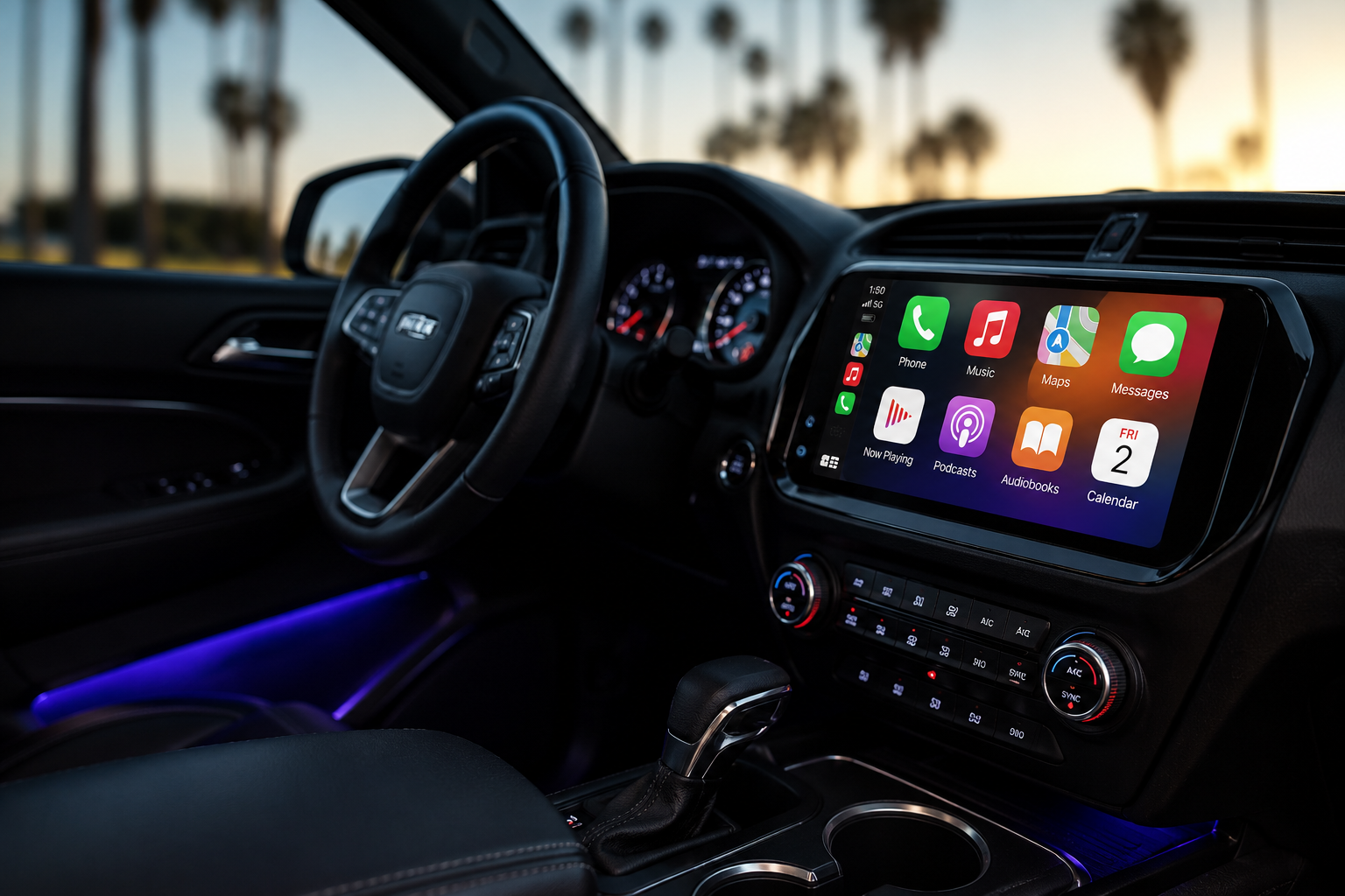 Interior of a car featuring a digital touchscreen display with Apple CarPlay showing icons for Phone, Music, Maps, Messages, Now Playing, Podcasts, Audiobooks, Calendar, and other apps. The dashboard has illuminated controls, and the steering wheel is visible. There is a sunset view with palm trees outside.