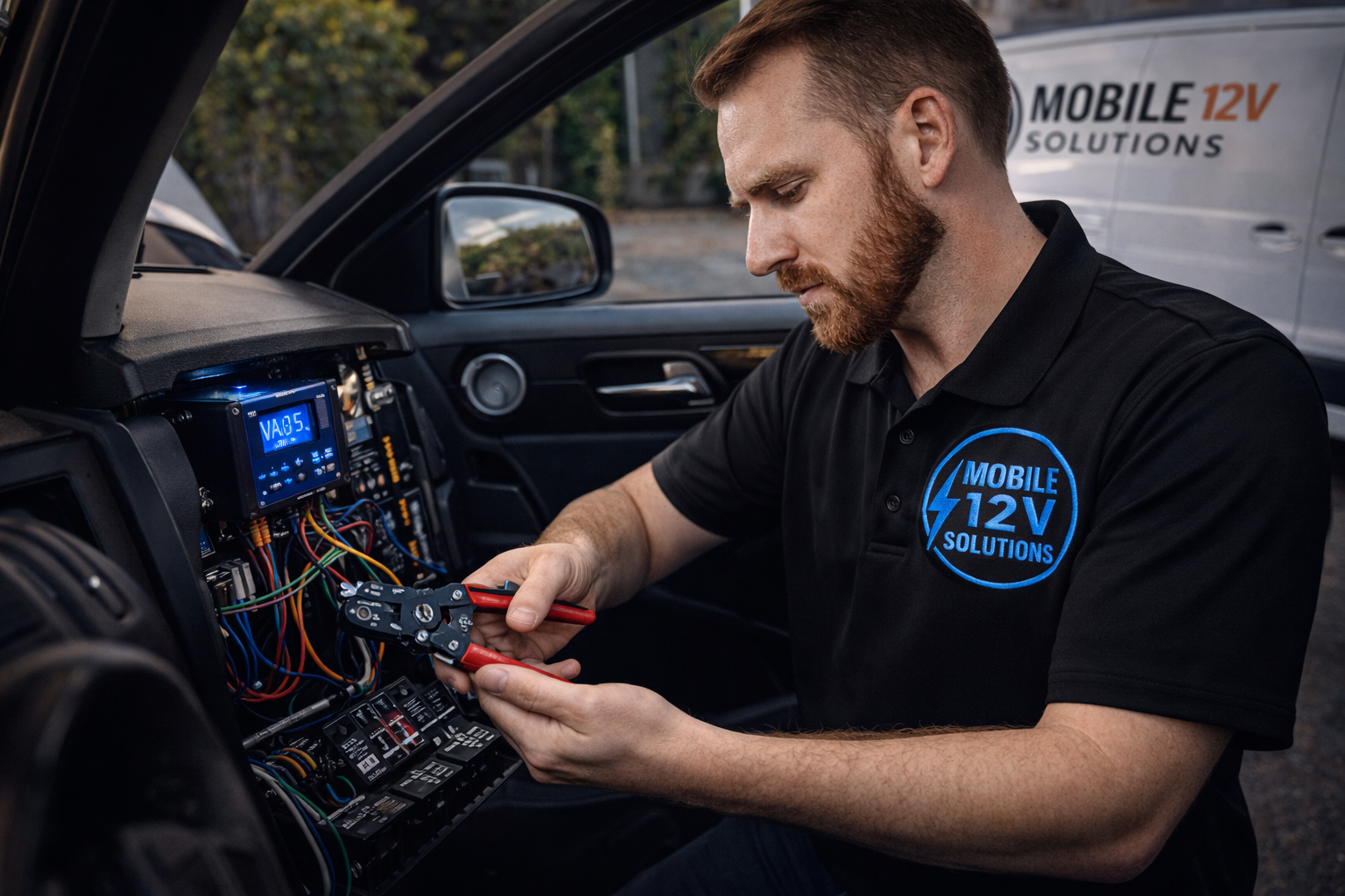 A man working on a car's electrical system with a digital display and colored wires, wearing a black polo shirt with a 'Mobile 12V Solutions' logo, inside the vehicle.