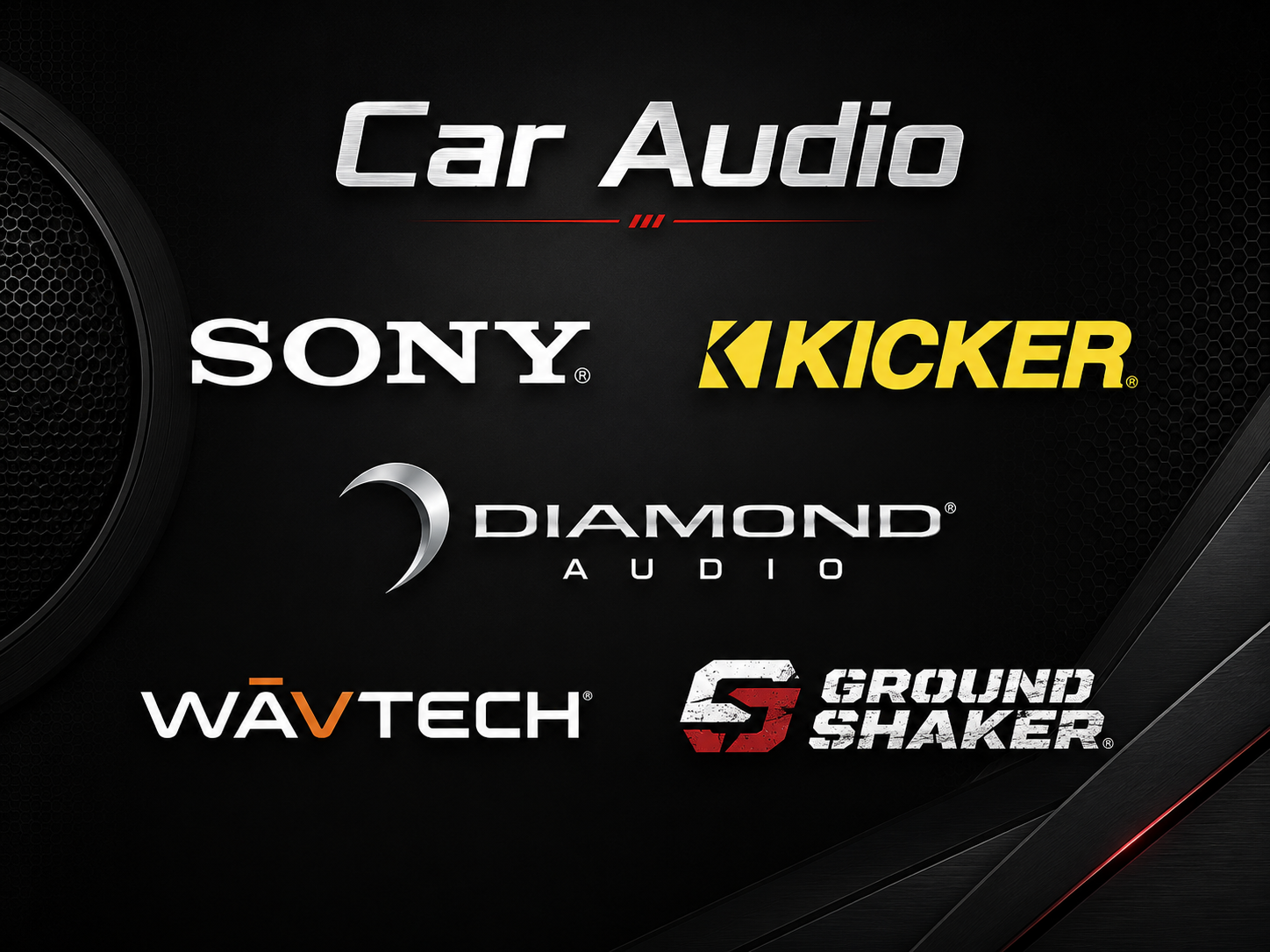 Premium car audio brands including Sony, Kicker, Diamond Audio, Wāvtech, and Ground Shaker installed by Mobile 12V Solutions.